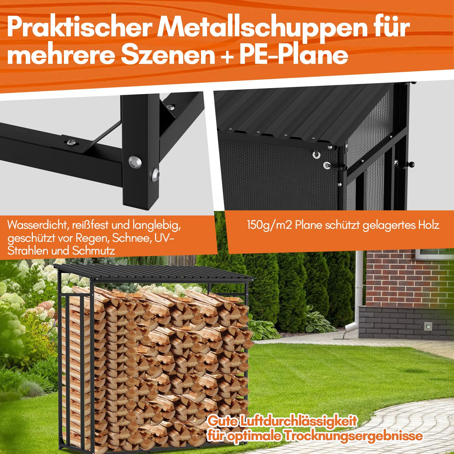 Kaminholzregal Außen Metall 185 x 70 x 185 cm | Wetterfestes Metall Stapelhilfe für 2,3 m³, Anthrazit für Garten, Terrasse & Kaminholz