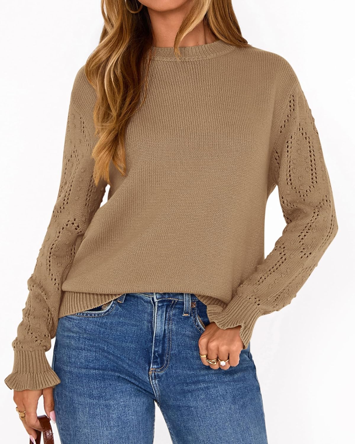 BTFBM Fall Sweaters for Women 2026 Crew Neck Long Sleeve Hollow Out Swiss Dot Knit Casual Pullover Tops Fashion Clothing - Image 6