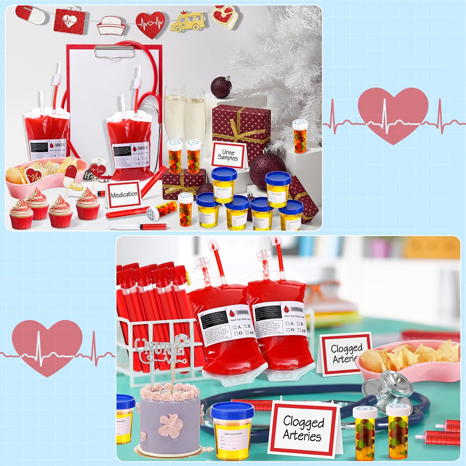 197 Pcs Nursing Graduation Party Supplies Set Iv Blood Bags for Drinks Urine Cups Plastic Syringe Nurse Theme Banner for Nurse Party Favors Congrats Grad Party Decorations Serve 25