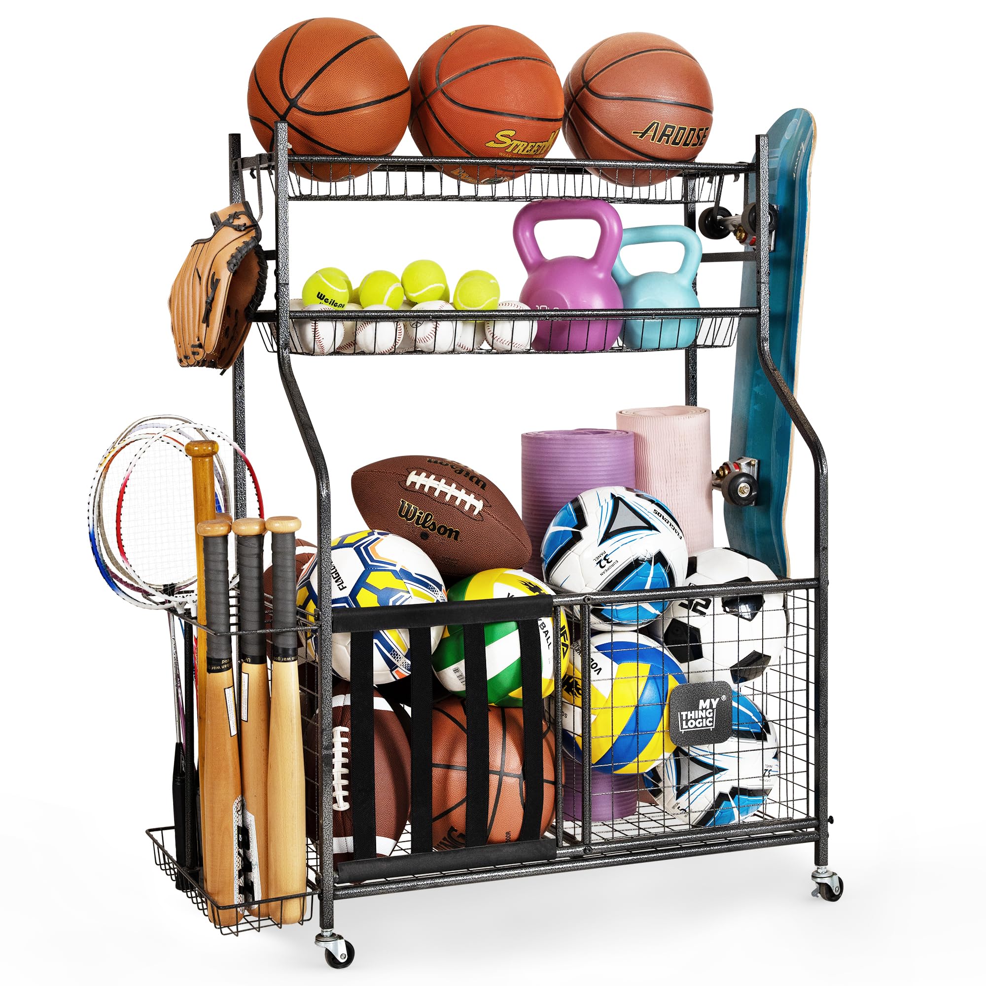 Mythinglogic Garage Sports Equipment Organizer, Ball Storage Large Capacity, Sports Organizer for Garage with Hooks and Wheels, Ball Rack for Football, Soccer, Bat, Toys