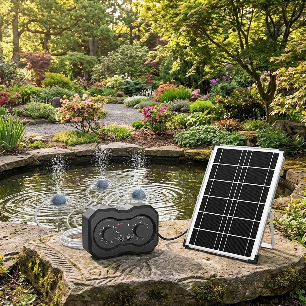 Solar-Teichbelüfter mit Timer-Steuerung, hohe niedrige Einstellung, Luftpumpe für Aquarien, 2200 mAh, wiederaufladbar für Batterie, wetterfestes Outdoor-Sauerstoff-Kit