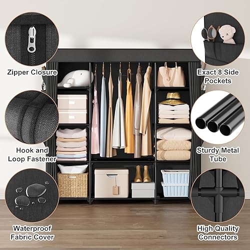 Miniatura 4 de Armario portátil para colgar ropa de 57.3 pulgadas, armario de gran capacidad con tapa, 8 bolsillos y 1 barra para colgar, organizador de armario de