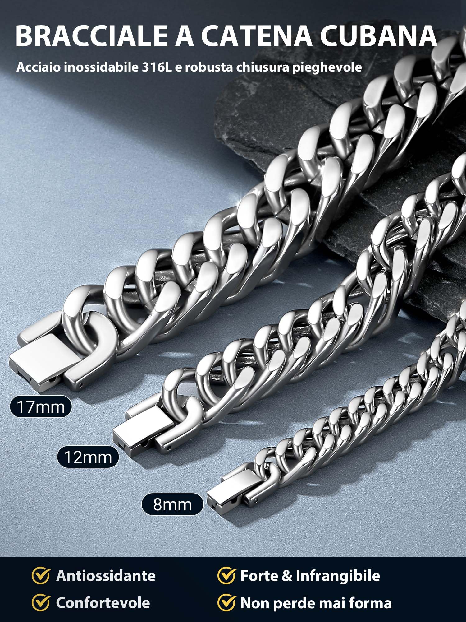 PROSTEEL Neutro Braccialetto Catena Cubana Uomo Stile Cyberpunk Minimalismo Larghezza 8/12/17MM Bracciale Catena Cubana Ritorta Artigianale Regalo Uomo