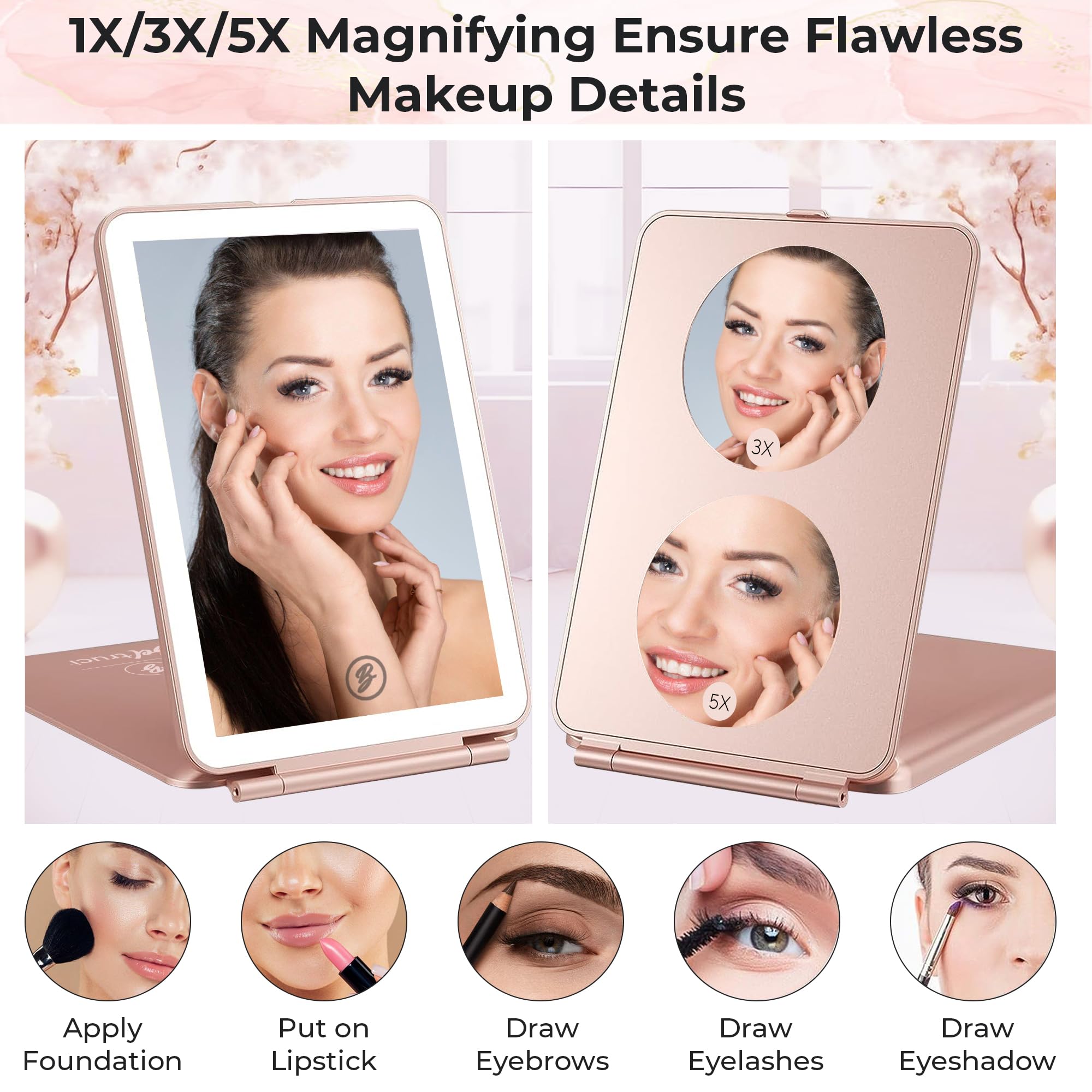Reise-Make-up-Spiegel mit Lichtern – Rotgold, wiederaufladbarer LED-Leucht-Spiegel für Make-up mit 1X/3X/5X Vergrößerung – dimmbar, 3 Farben Beleuchtung, Touchscreen, tragbarer Spiegel mit