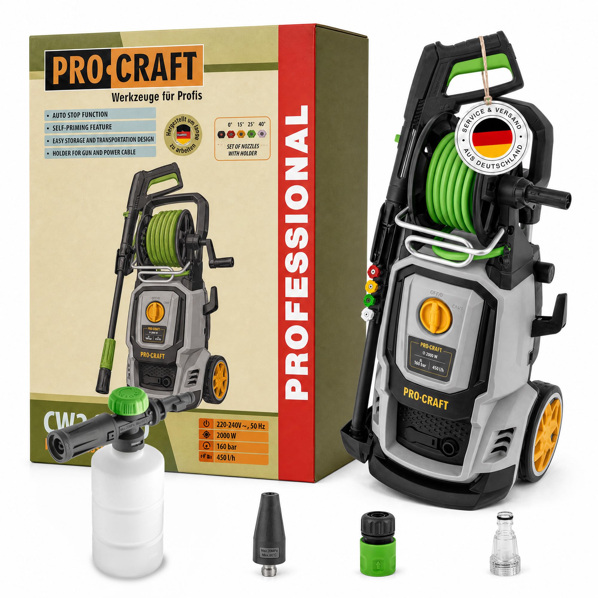 Procraft CW2.0/160 - Hidrolimpiadora de agua fría (2000 W, 160 bar, 7,5 l/min, incluye accesorios)