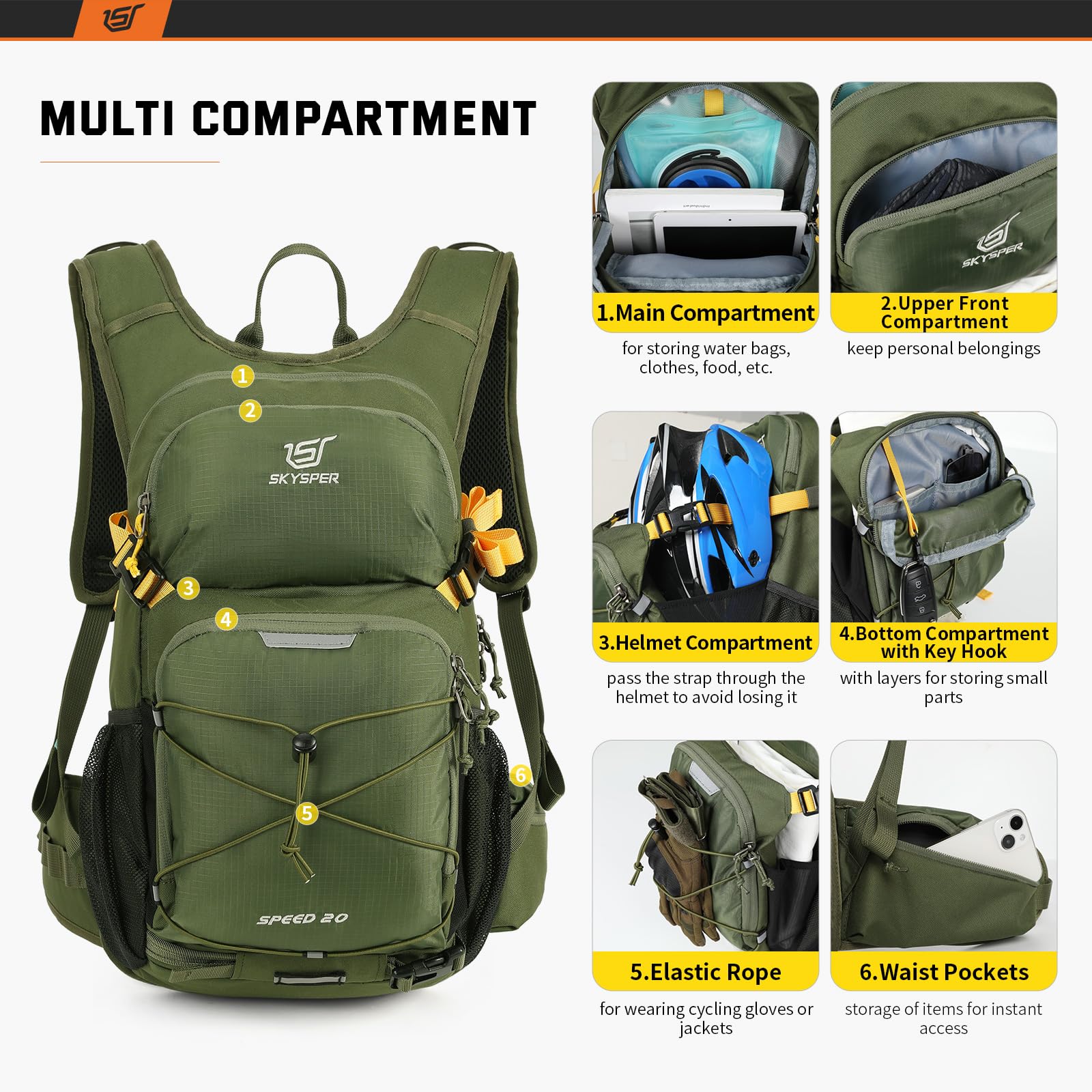 SKYSPER Zaino per Ciclismo 20L, Zainetto da Bici Ultraleggero e Traspirante con Copricasco Zaino Multifunzionale per MTB Bica da Strada Sci Escursione Uomo e Donna