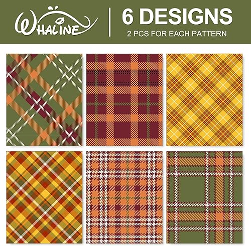 Miniatura 3 de Whaline 12 hojas de papel de regalo de otoño, 6 estilos, papel de embalaje a cuadros amarillo y verde, plegado, papel de manualidades para otoño,