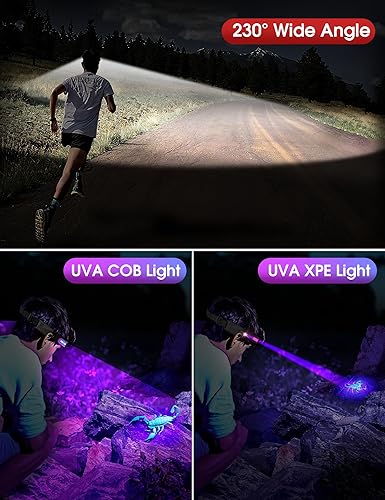 Miniatura 2 de Fulighture Linterna frontal recargable LED UV negra, paquete de 2, 230 de haz ancho, batería de 1200 mAh, IPX4 impermeable, modos de luz blanca y