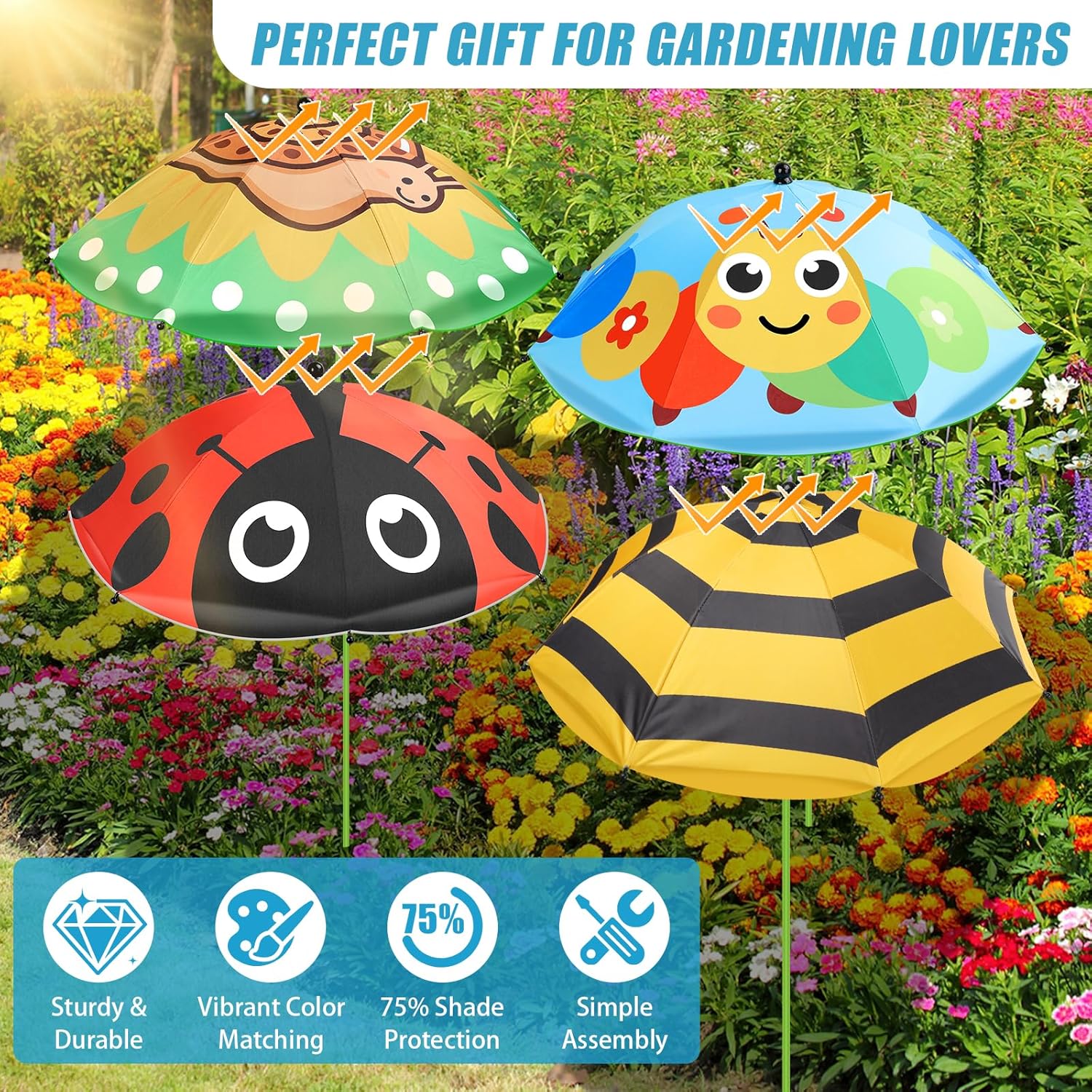 Axcoix 4 Pack Upgraded Plant Umbrellas for Outdoor Plants, 26" Larger Garden Plant Umbrella Shade with Adjustable Angle, 43.4" Higher Sun Shade with Animal Prints for Plants, Potted Plant, Garden Beds