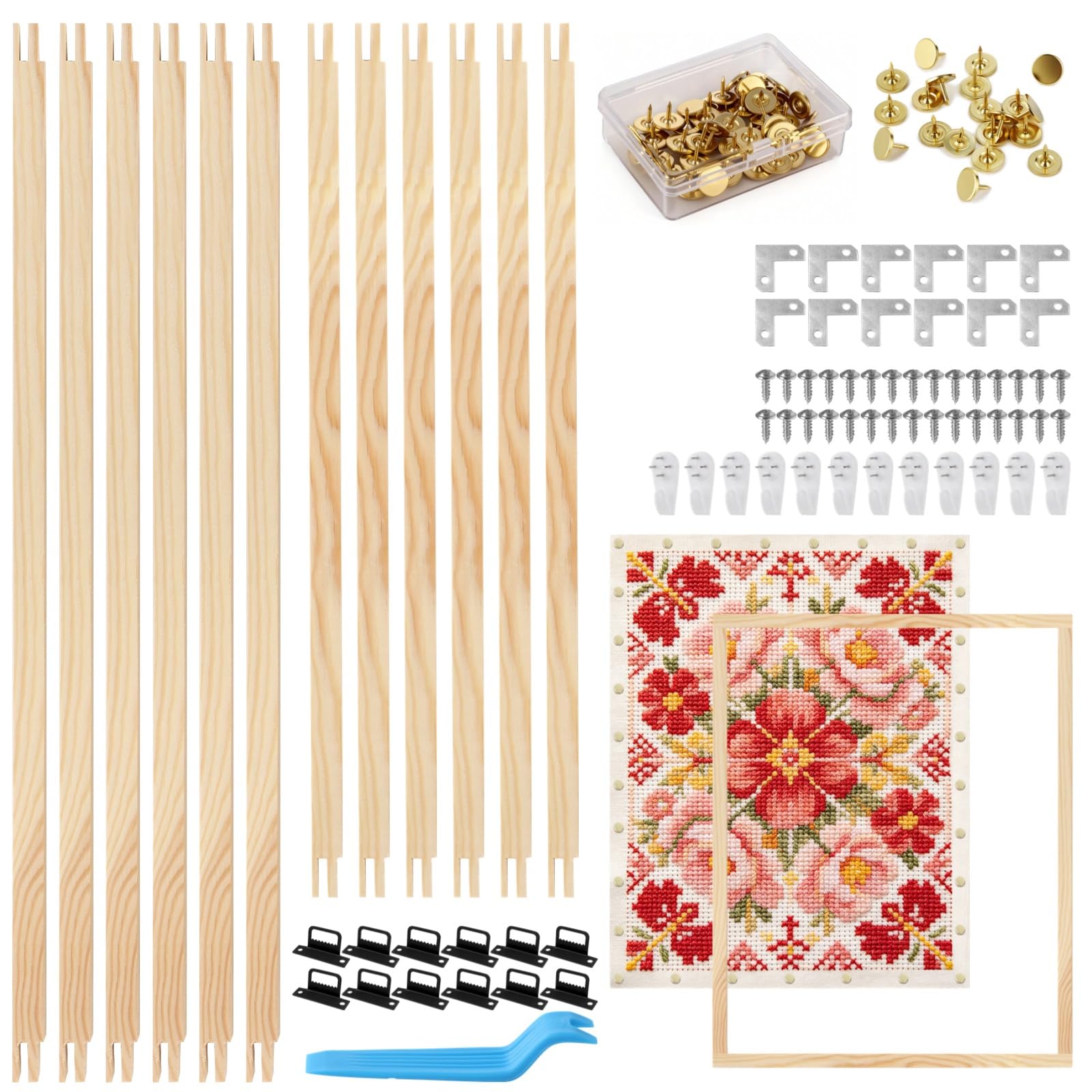 Zestaw drewnianych ramek płóciennych, 12 szt., z nośnikami 40 cm i 50 cm, 100 pinezek, pudełko do przechowywania i narzędzie do usuwania pinezek, drewniane nośniki do haftowania robótek ręcznych