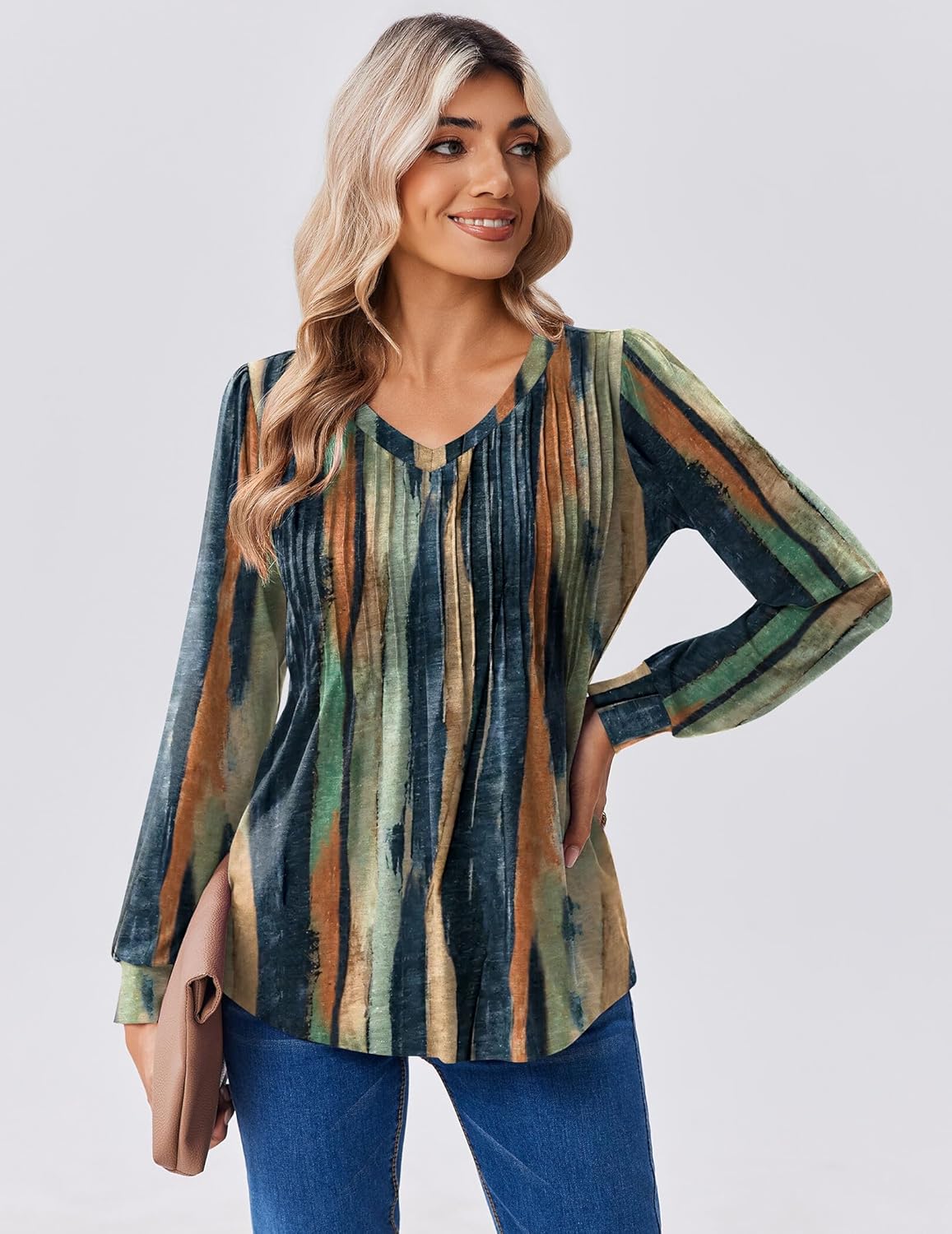 Zeagoo Long Sleeve Shirts for Women Casual V Neck Top Pleated Floral Boho Blouses 2026 Fall Tunics - Image 4