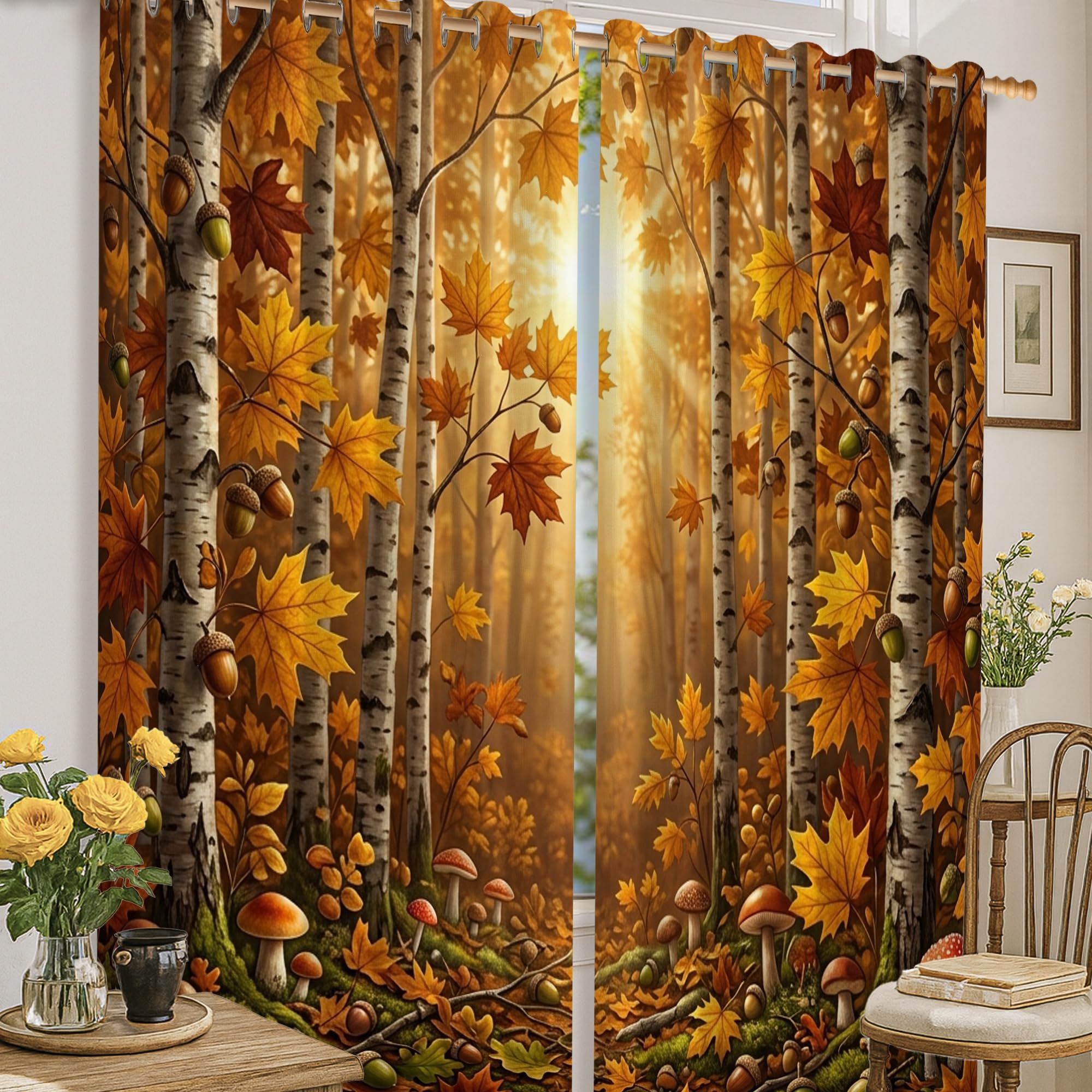 Rideaux occultants orange motif feuilles et bouleaux pour cuisine | 132x160cm
