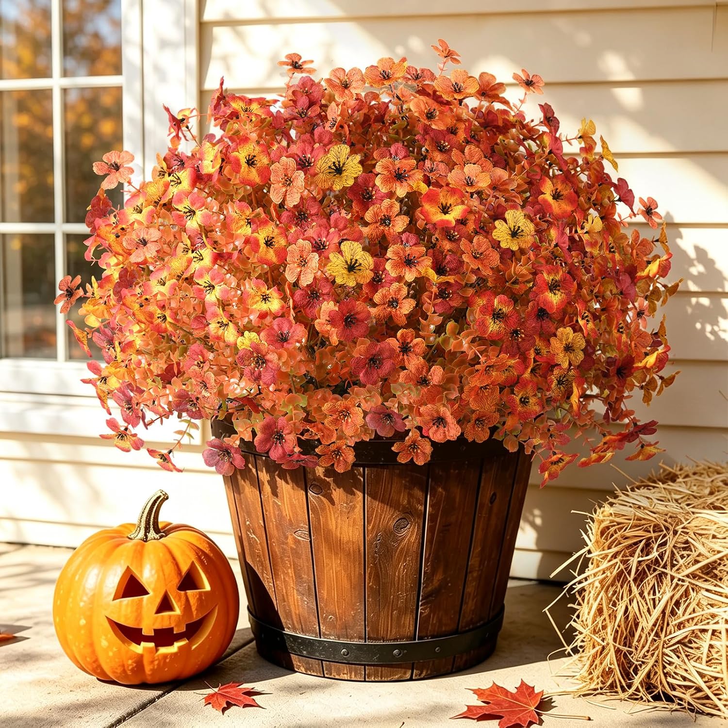 Hommyea Fall Artificial Fake Mums Flowers Plant for Outdoor Faux Home Decor | UV Resistant No Fade looks real Silk 12 Bundles Daisy Flower with Eucalyptus Leaves for Fall Decor Planters Patio Yard Garden