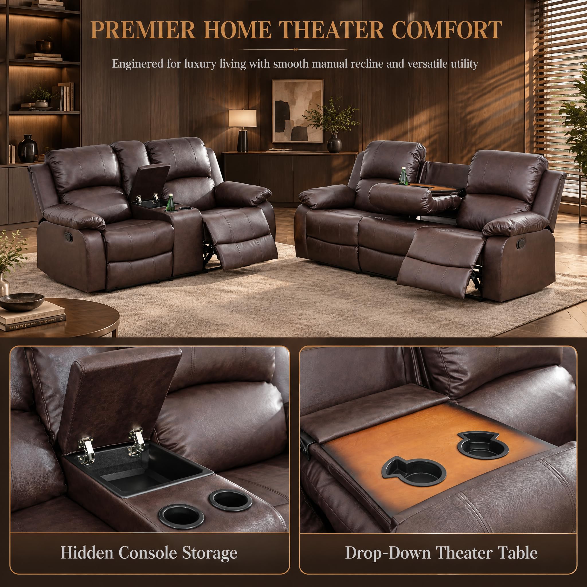 Toseslo Living Room Furniture Sets, Manual Reclining Sofa and Lovseat Set with Drop-Down Table, Leather Recliner Couch Sets, Recliner Sofa with Storage Console/Cup Holder for Home/Apartment(Brown) view 3