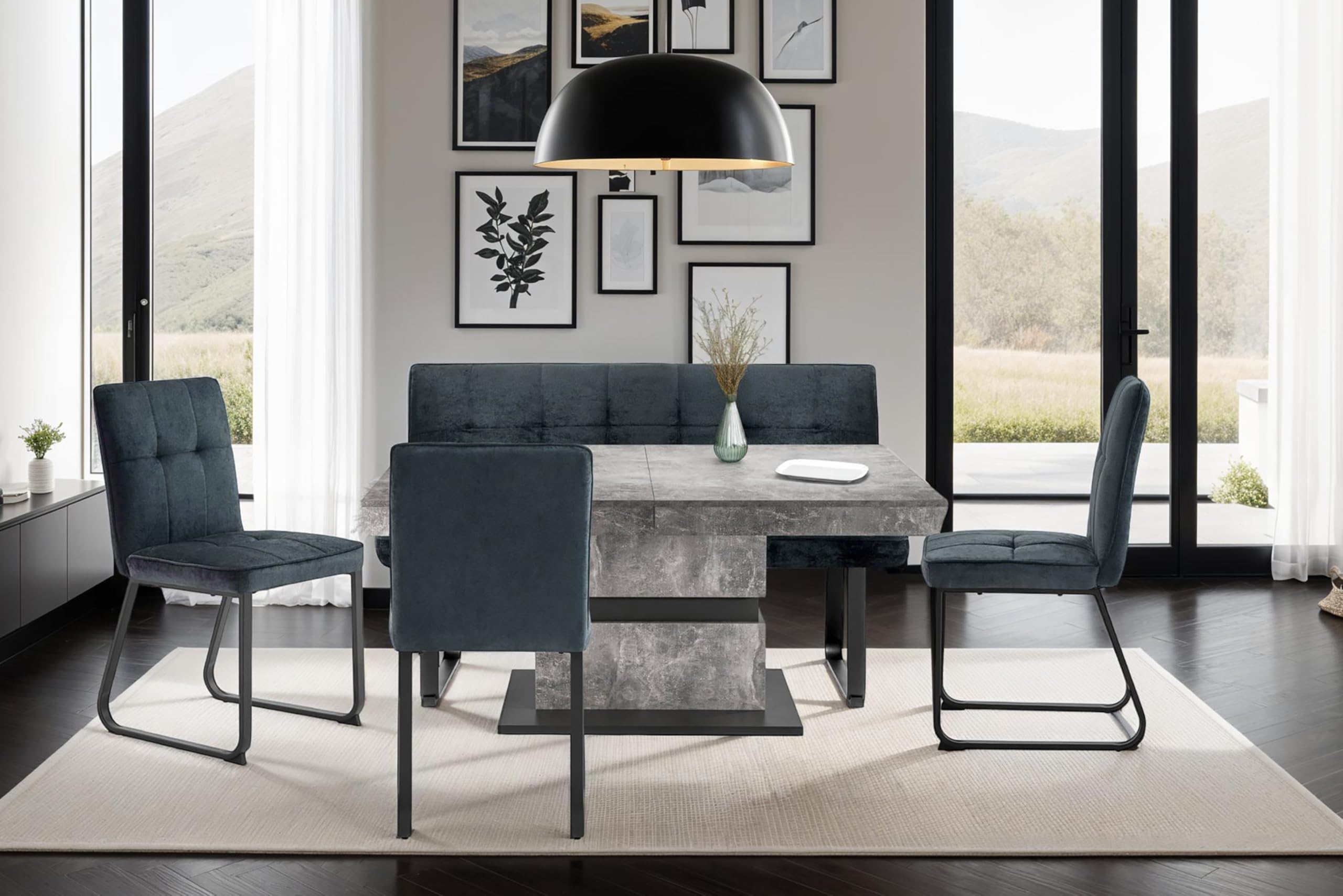 byLIVING Bank TALEA, Bank mit Rückenlehne, B 140, H 92, T 59 cm | Moderne Sitzbank mit einem Webstoff-Bezug dunkelgrau, Metall Gestell schwarz pulverbeschichtet