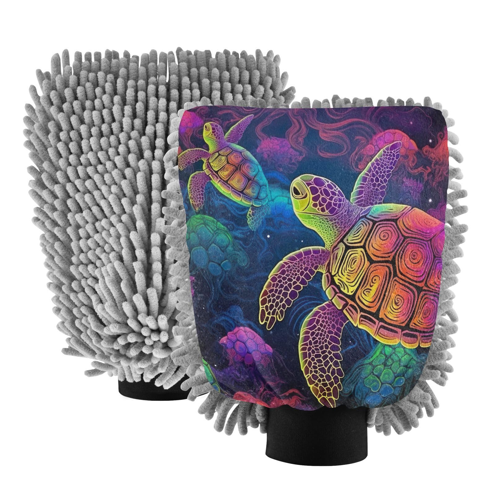 Flradish 2 Pack Colored Turtle Car Wash Mitt Chenille Microfiber Lint-Free Scratch Free Ultra-Soft Absorbent Car Wash Mitt 11.8x8.07 Inch