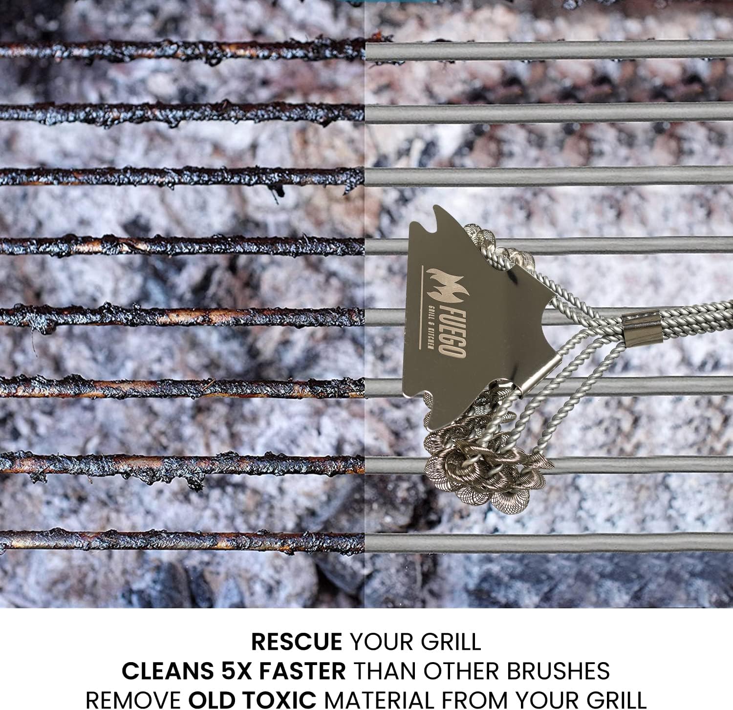 Fuego Grill Brush and Scraper Bristle Free - 17” Safe BBQ Brush for Gas/Charcoal/Weber Grills - Stainless Steel Triple Helix Grill Cleaner - Quality Grill Accessories for Dad
