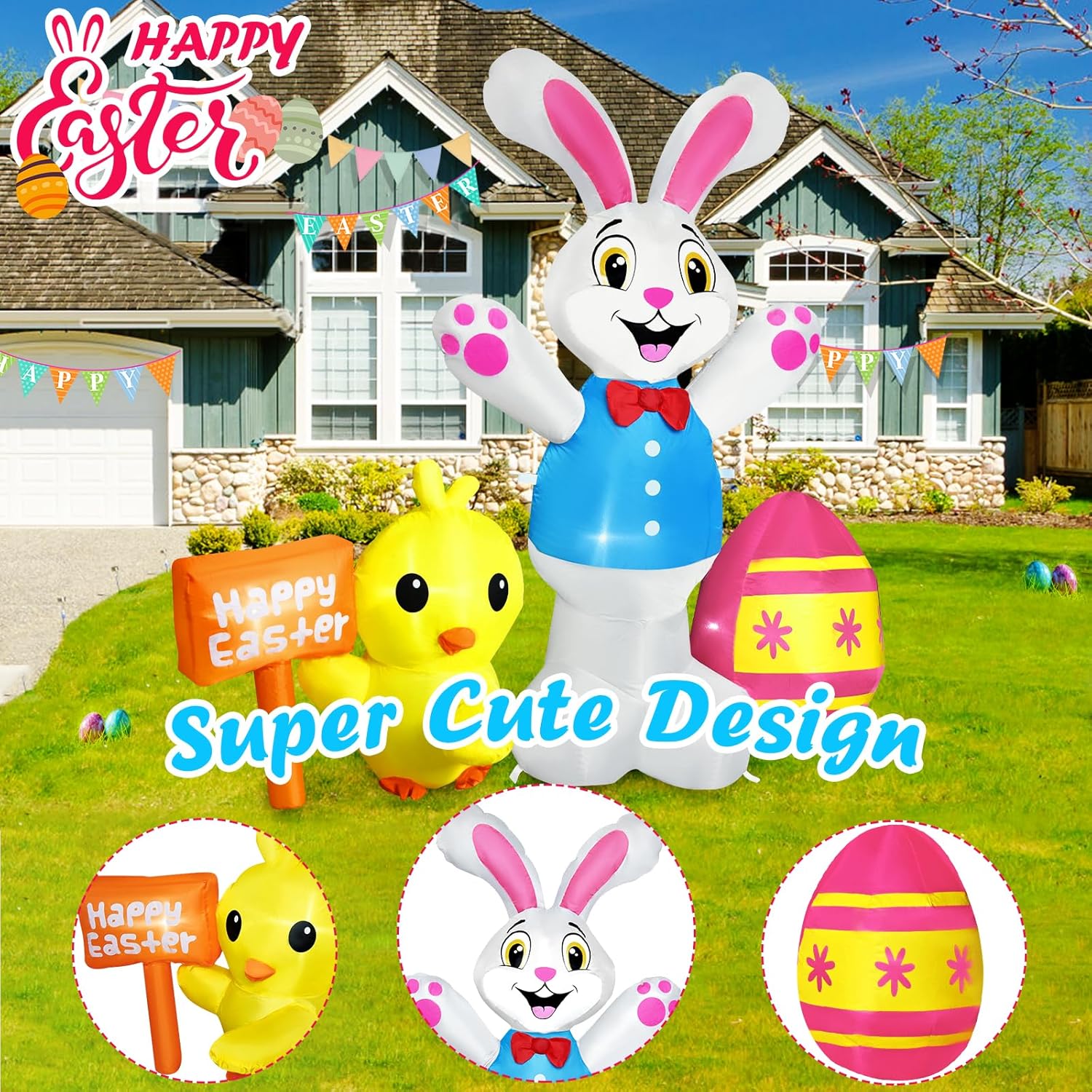 Easter Inflatables Outdoor Decorations, 5FT Tall Easter Blow Up Bunny Inflatable with Chick, Egg and Happy Yard Sign - Image 4