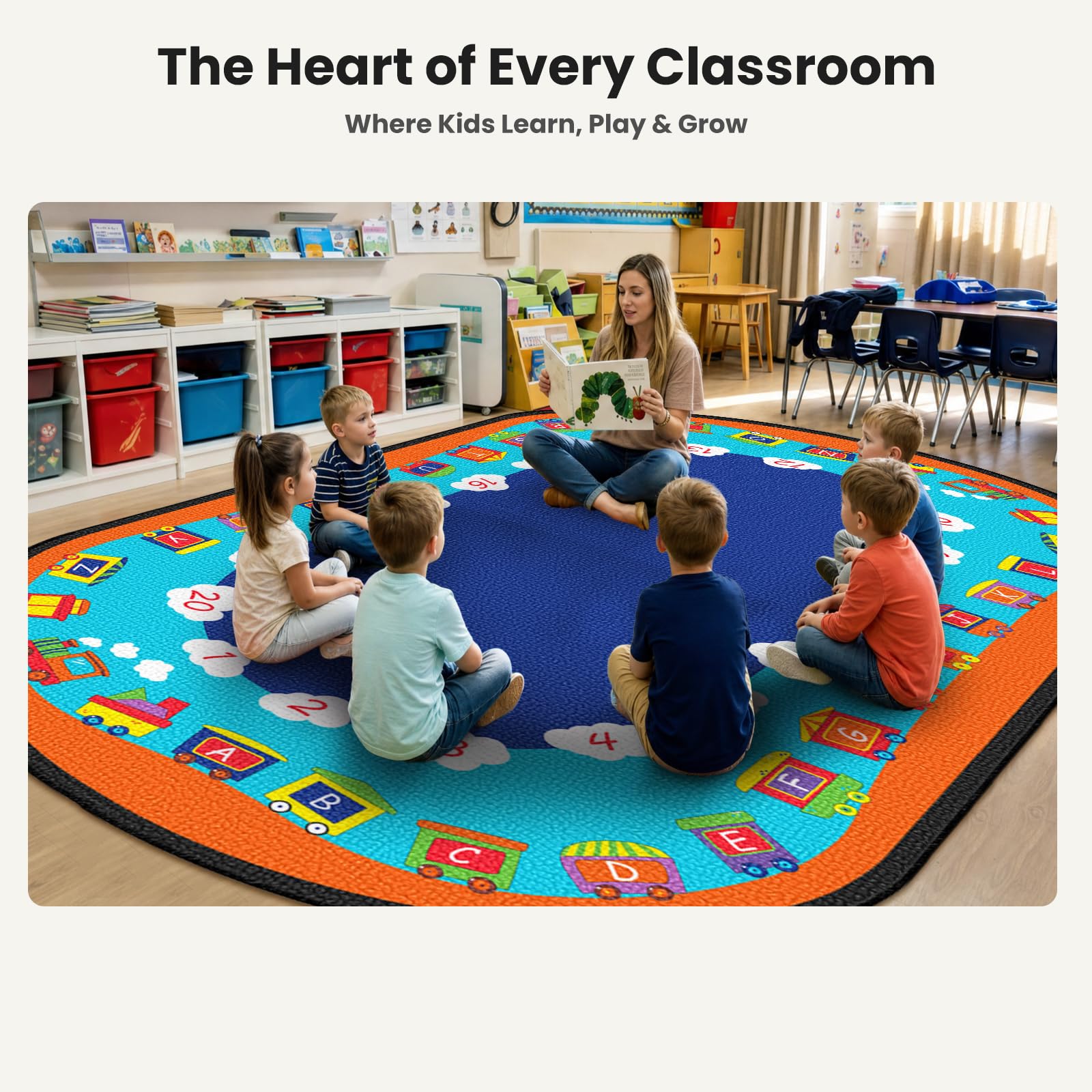 Ovaler Klassenzimmerteppich, 1,8 m x 2,4 m, pädagogischer Teppich für Kreiszeit, Alphabet und Zahlen, waschbar, schmutzabweisend, rutschfeste Unterseite für Kindergarten