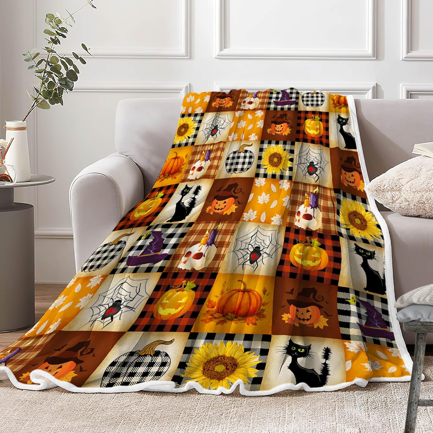 Thanksgiving Throw Blanket, Pumpkin, Leaves Fall Plaid Blanket, Soft Fuzzy Plush for Couch Sofa or Bed, Luxury Flannel Lap Blankets, for Kids, Adults, Wife, Self (50" x 60")