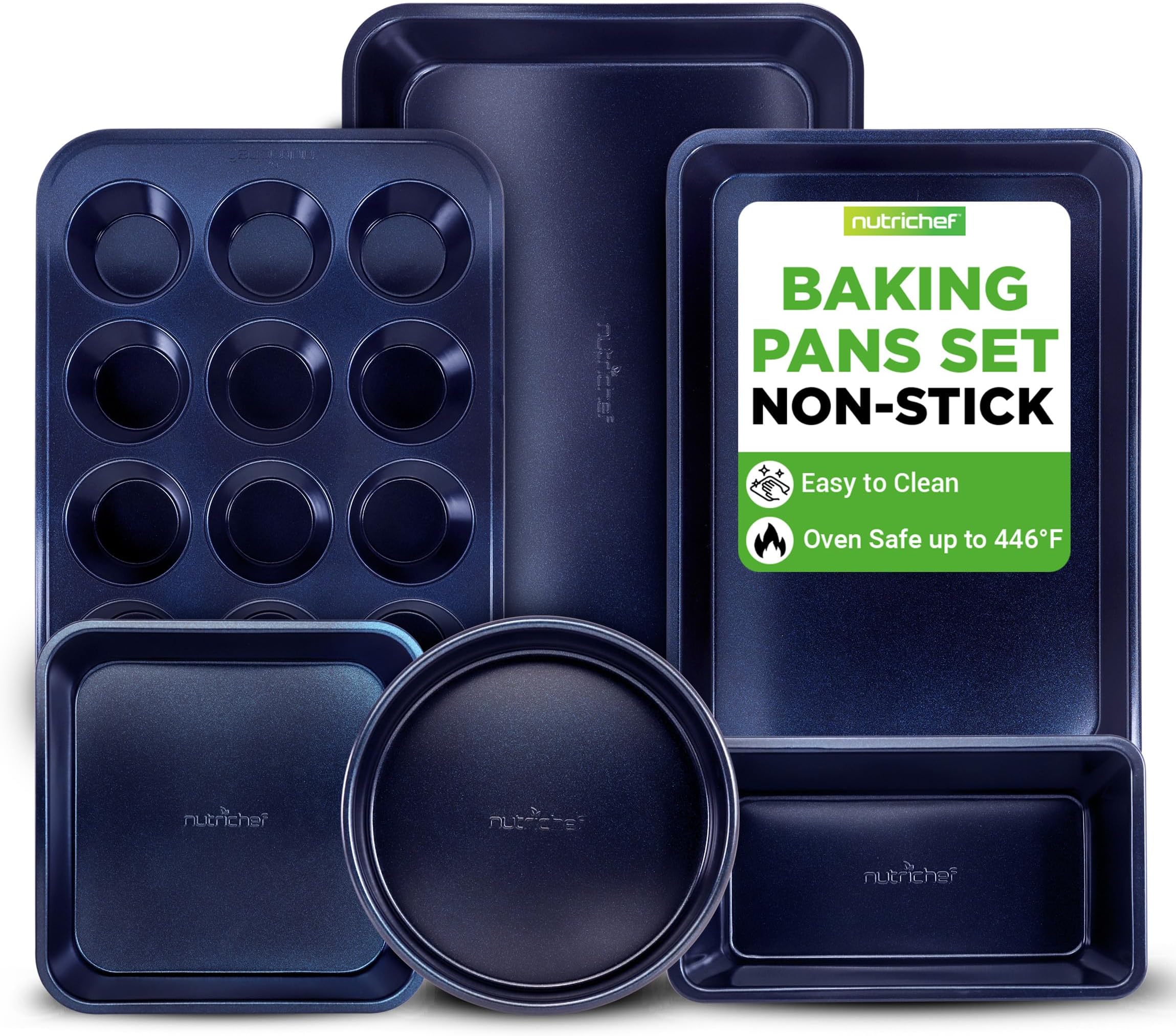 6-Piece Nonstick Baking Pans - Carbon Steel Non toxic Bakeware set with Cookie Sheets, Muffin, Loaf, Round & Square Pan - Restaurant Quality Baking Tray, Easy Clean, Dishwasher & Oven Safe