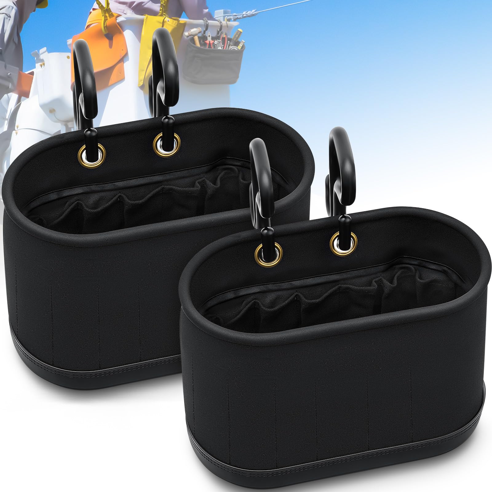 2 Set Black Canvas Lineman Tool Bucket Bag with Hook, 15 Pockets