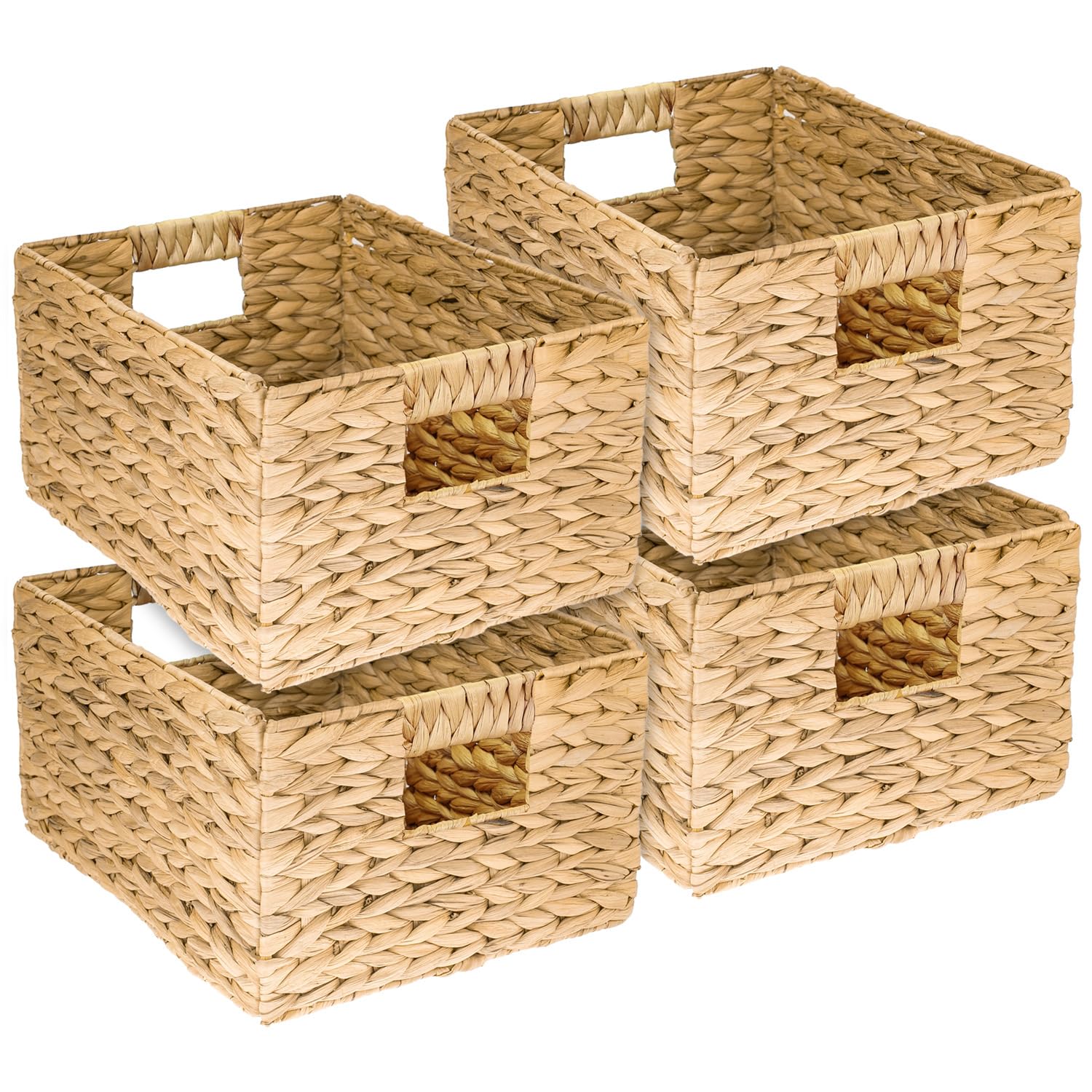 HMF Cesta de almacenaje trenzada organizadora de jacinto de agua, cesta decorativa con asas para baño, cocina, salón y estantería | Juego de 4 | Tamaño L | 36 x 28 x 20 cm | Natural