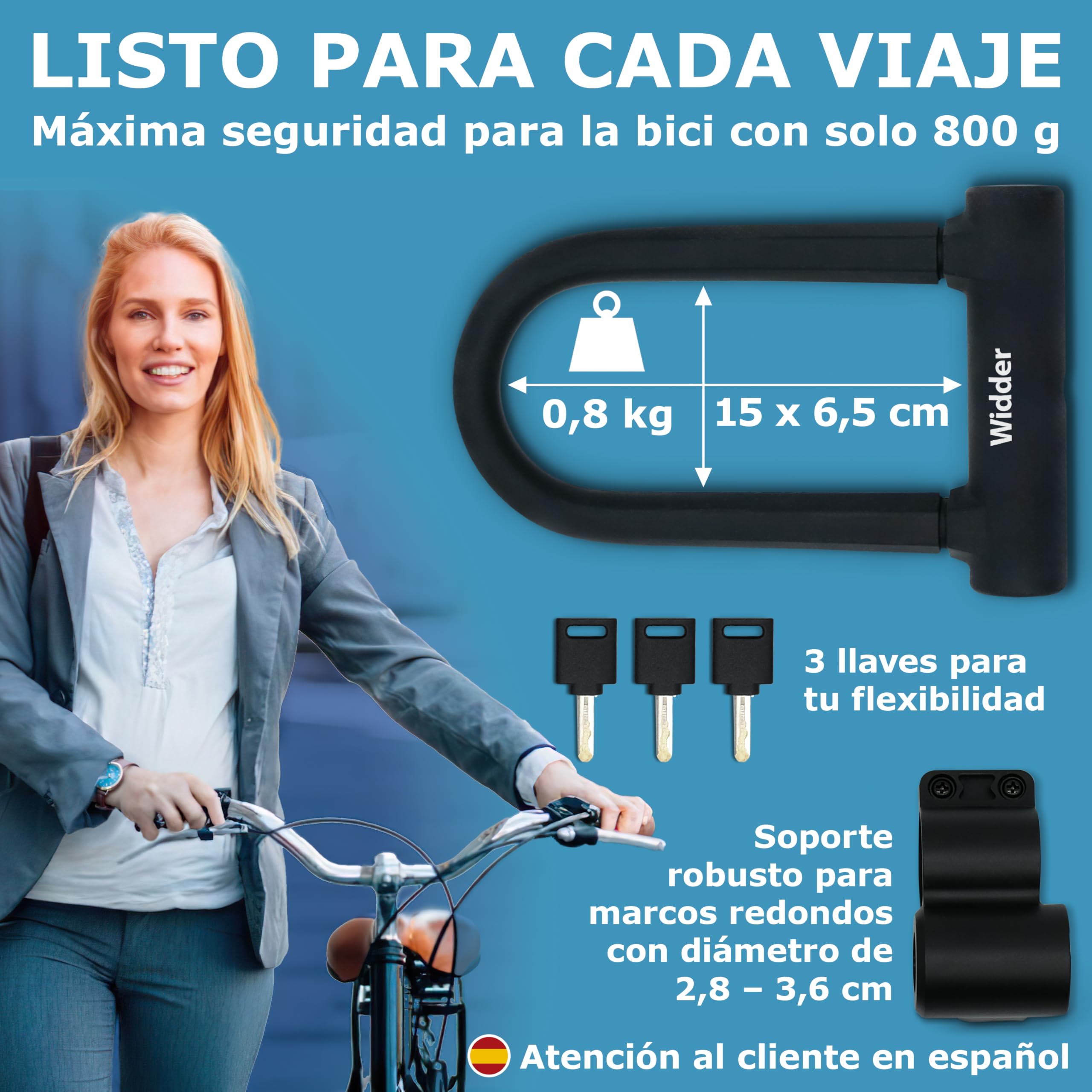 WIDDER pequeño antirrobo de horquilla bici [Candado alta seguridad, 800g] horquilla de acero macizo 14 mm, antirrobo U de alta seguridad, soporte & 3 llaves, e‑bike, e‑scooter, bici de carretera