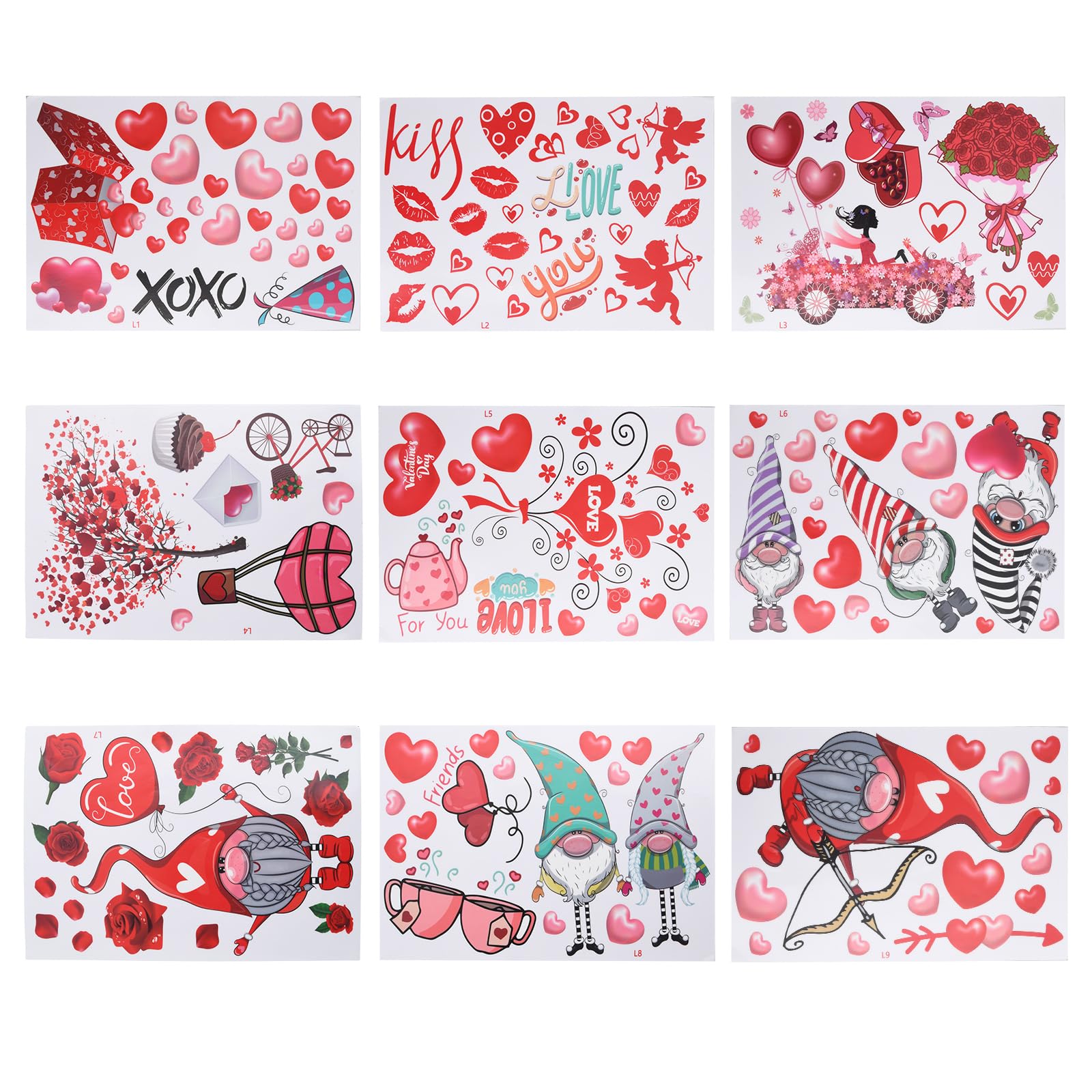 Anseom Pegatinas para Ventanas de San Valentín, 9 Hojas Pegatinas Corazón Calcomanías Extraíbles Ventana Corazón para Hogar Oficina Fiesta Boda Decoración Aniversario