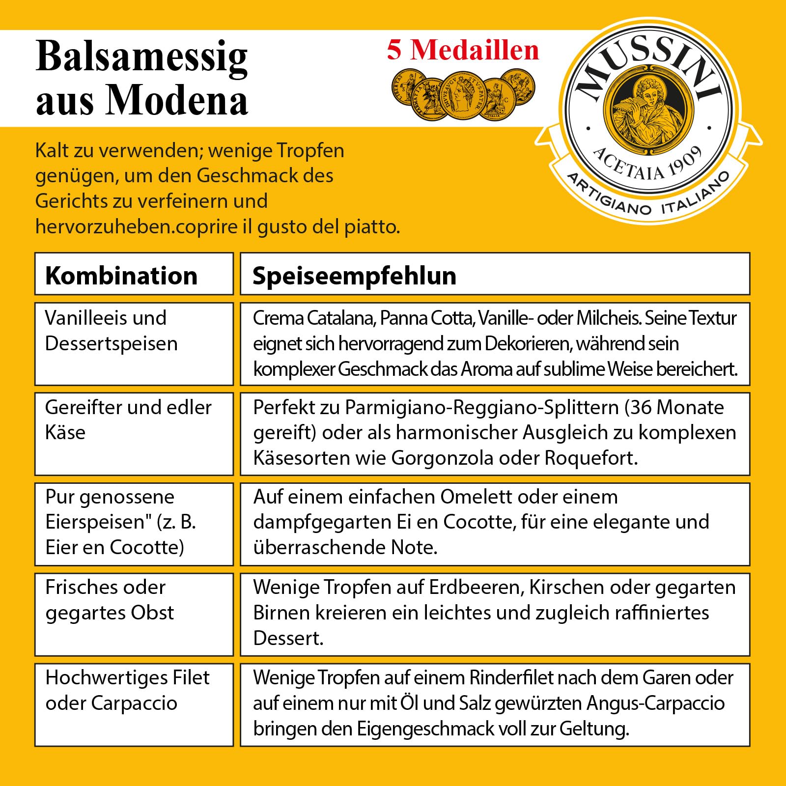 Mussini Aceto Balsamico Di Modena IGP – IL DENSO 12 ans – 5 médailles d'or – 250 ml – primé de la région de Modena Emilia-Romagna – Fabrication artisanale dans 12 types de fûts en bois différents
