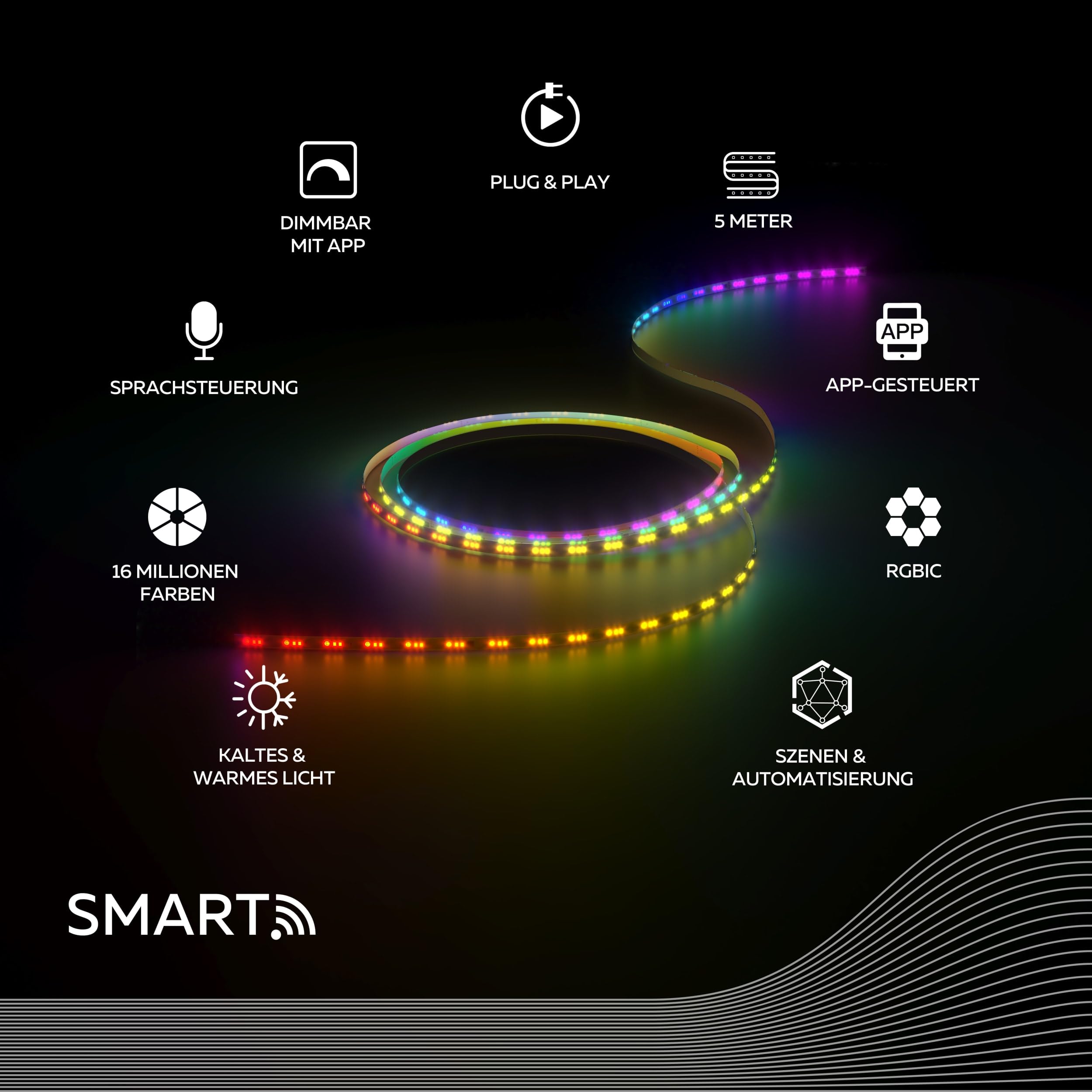 CALEX Smart LED Streifen, 10 m, RGBIC-Farben, flexibel & zuschneidbar, dimmbar, WLAN App- & Sprachsteuerung, inkl. Fernbedienung