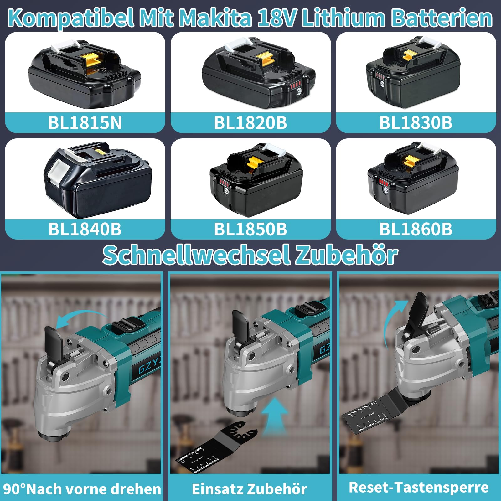Batería multifunción compatible con batería Makita de 18 V, herramienta oscilante de 6 marchas con 16 accesorios, sierra oscilante con motor sin escobillas, soporte de herramientas (sin batería)