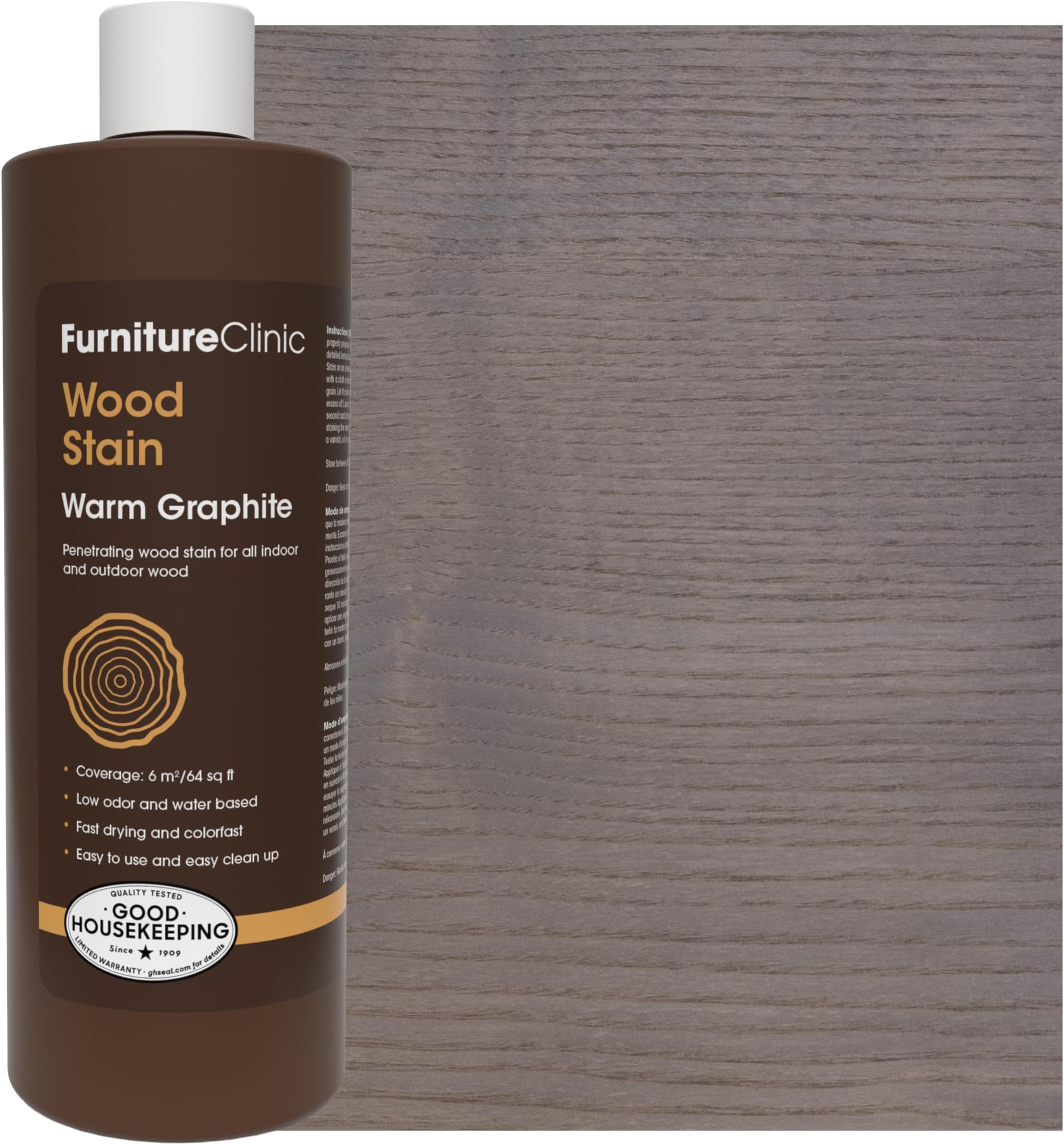 Furniture Clinic Wood Stain | Multiple Finishes | Fast Drying | Indoor and Outdoor Furniture & More | Water-Based, Low Odor, Non-Toxic | Polyurethane | Warm Graphite (17oz/500ml)