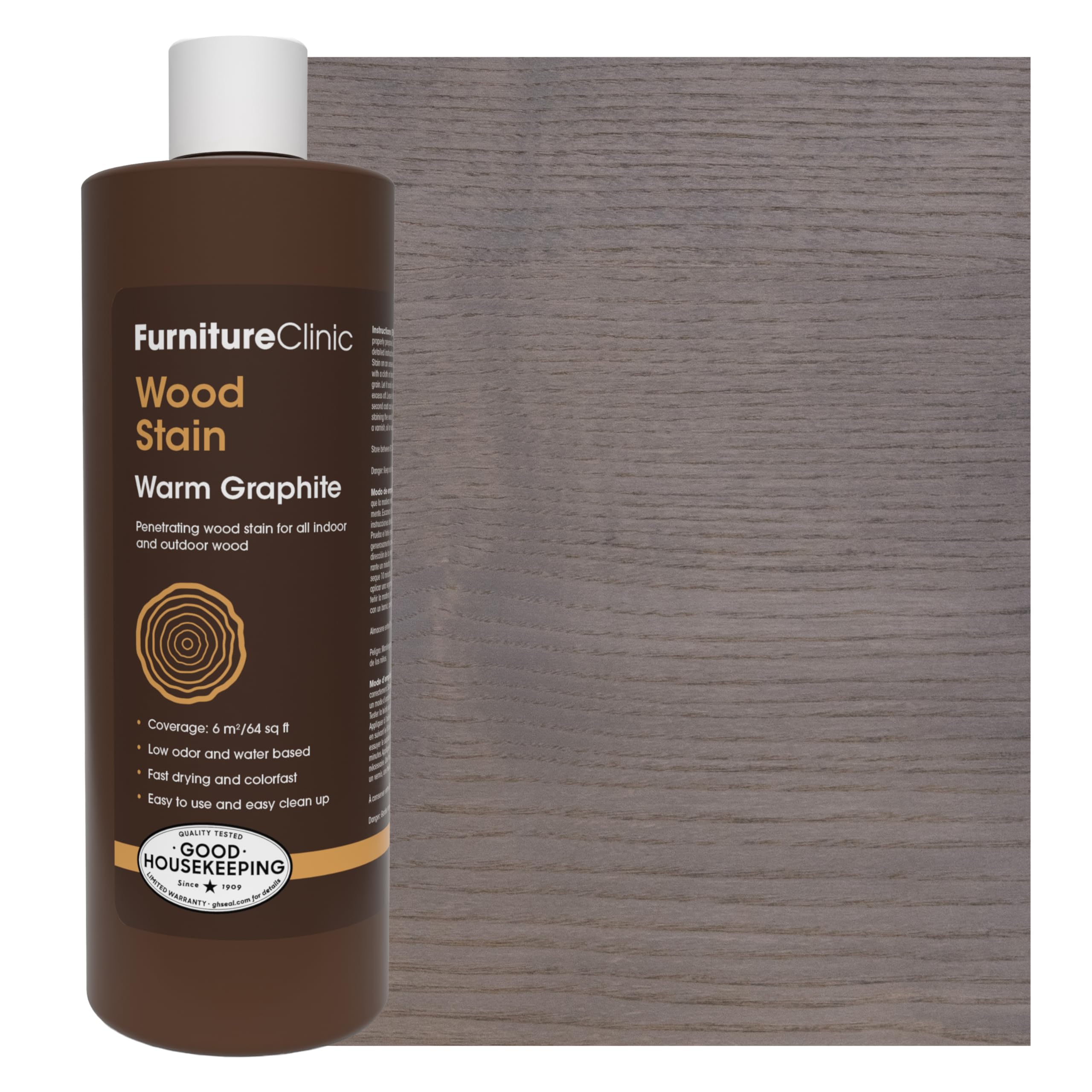 Furniture Clinic Wood Stain | Warm Graphite | Water Based | Fast Drying, Low Odor, & Non-Toxic | for Indoor & Outdoor Furniture and More | Multiple Finishes | (17oz / 500ml)