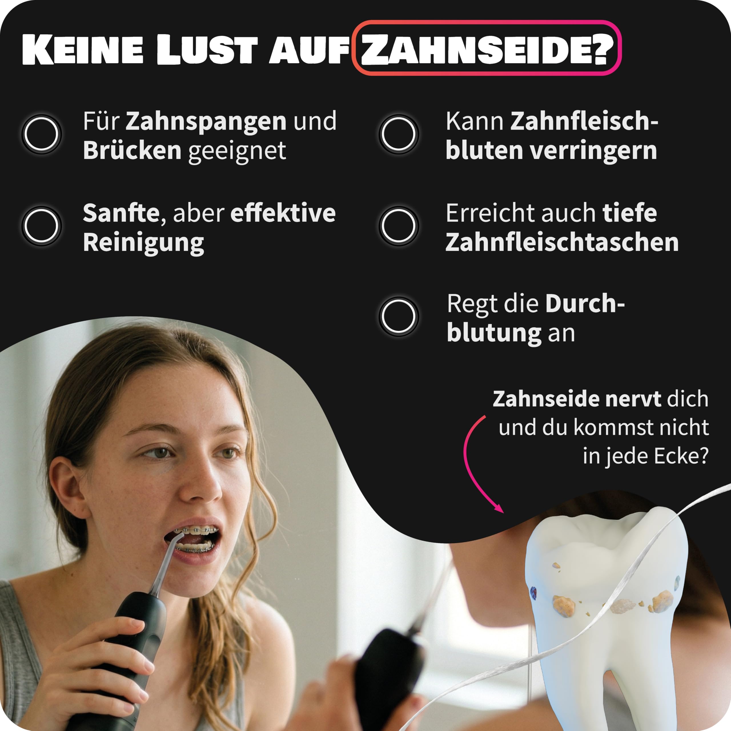 Zahnheld® Munddusche AQUADENT A2 | Kabellos | Für unterwegs und zu Hause | Water Flosser | Fördert eine effektive Reinigung der Zahnzwischenräume | 3 Programme | Effektive, elektrische Zahnreinigung & Mundhygiene, Zahndusche, Mundspülung für Zahnzwischenr