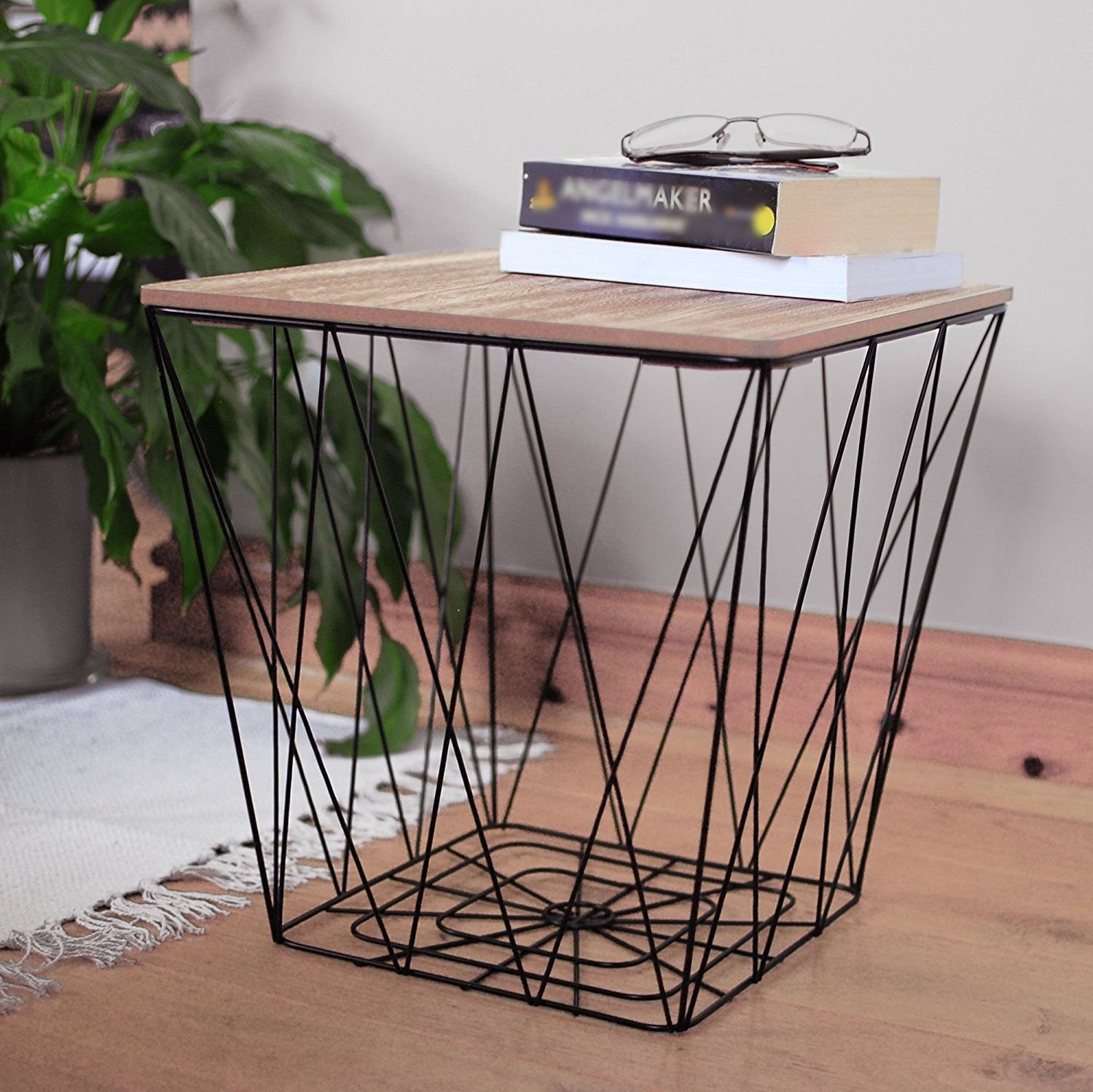 Retro Black Metal Wire Square Wood Top Storage Side Table Basket Home Furniture