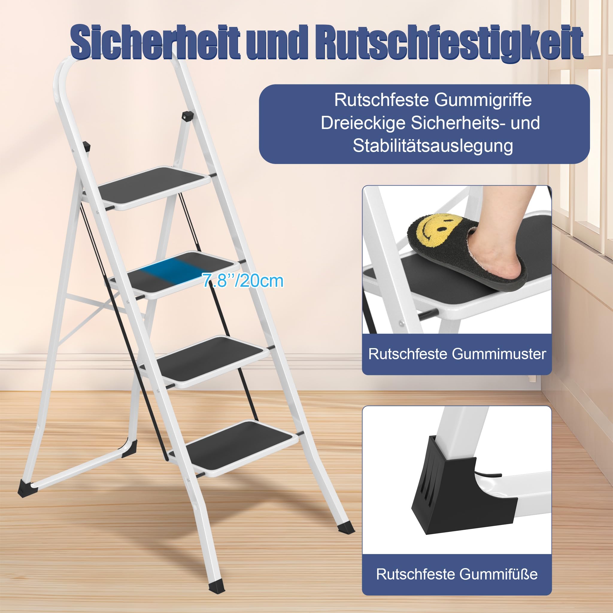 YRHome Escalera plegable de 4 peldaños con pasamanos, escalera de cocina plegable, escalera de pie, escalera de mano – Estable, peldaños extra anchos, fácil de plegar, máx. 150 kg para el hogar y la