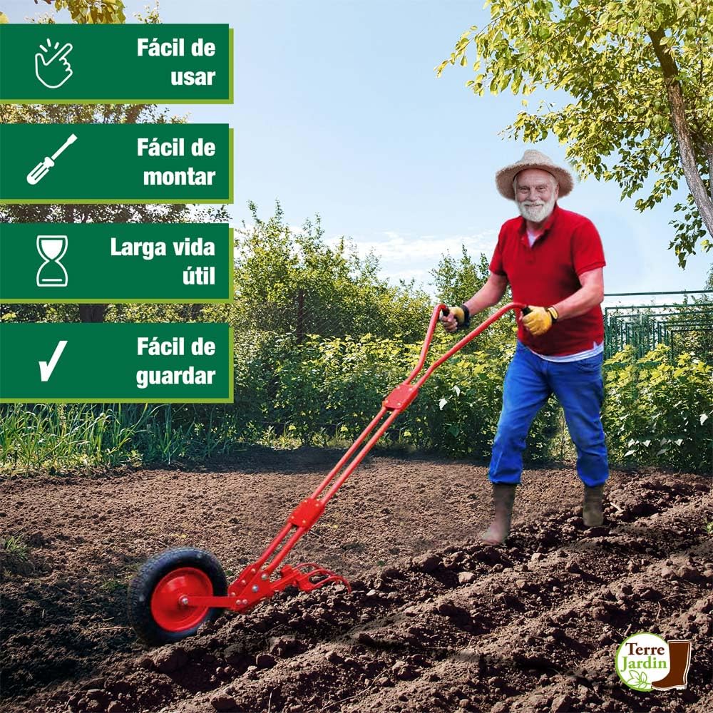 TERRE JARDIN - Cultivador de Rueda, 40 cm Diámetro - Cultivador de Jardín, 4 en 1 - Cultivador Manual, con Desherbador, Aporcador, Garra, Reja de Arado - Azada de Jardinero, Eficaz y Robusto