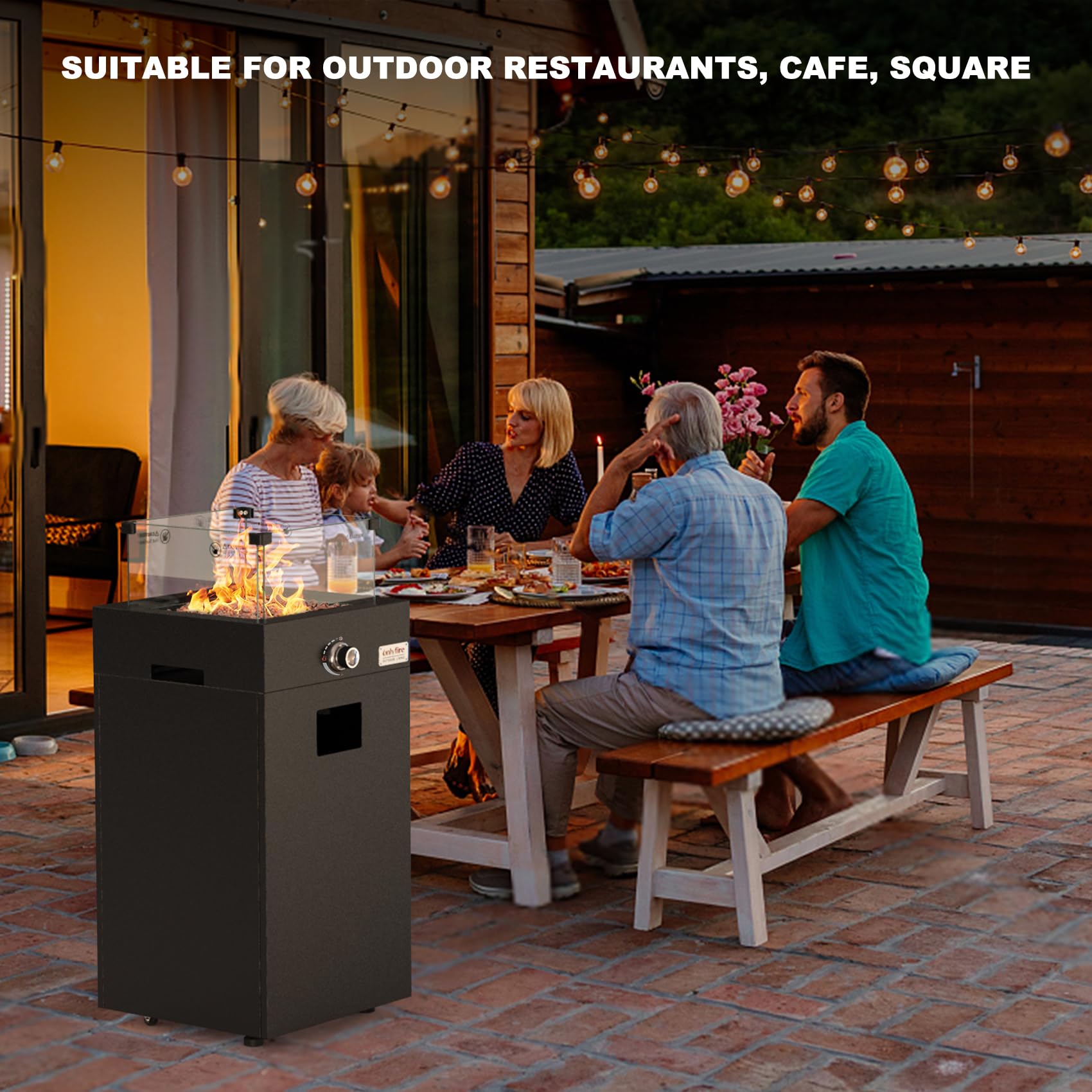 Onlyfire Braciere a gas quadrato, riscaldatore da esterno staccabile con rocce laviche, paravento in vetro e ruote, per patio, cortile, ristorante all'aperto, 6,85 KW