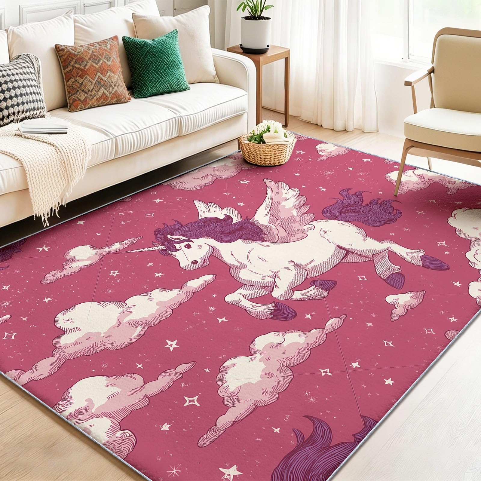 Teppich rutschfeste für Wohnzimmer Kinderzimmer, Zeichentrickfilm Sterne Tiere Pferde Deko Flanell Antirutsch Carpet Rosa Waschbarer Innenbereich Teppich 100 x 150 cm für Wohnzimmer Büro