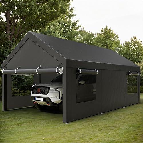 Shintenchi 12x20 FT Heavy-Duty Design Carport,Portable Garage Canopy,Carport Canopy with Side-Opening Removable Door & Roll-Up Window,Portable Car Port for Car, Truck, Boat,Grey