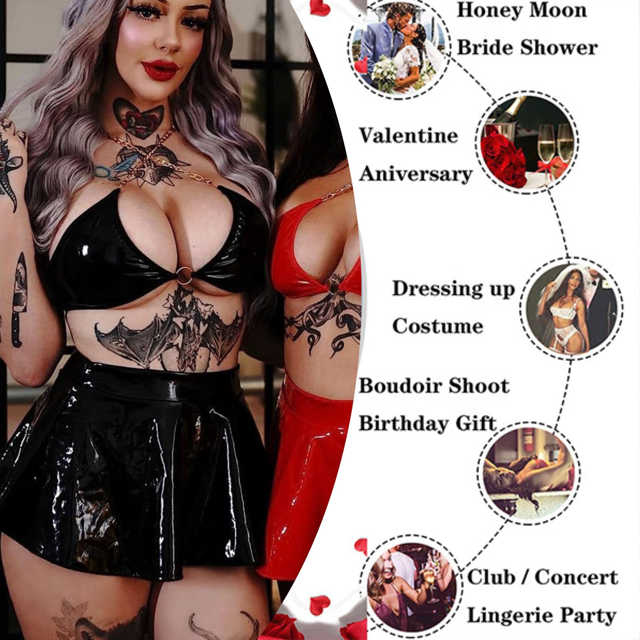 ROSVAJFY Donna Costume Sexy Cosplay Coniglietta, Wetlook Lingerie Set Coniglietto Gioco Ruolo Outfit Halloween Pelle Biancheria Intima Clubwear, Reggiseno+Minigonna+Perizoma+Fascia