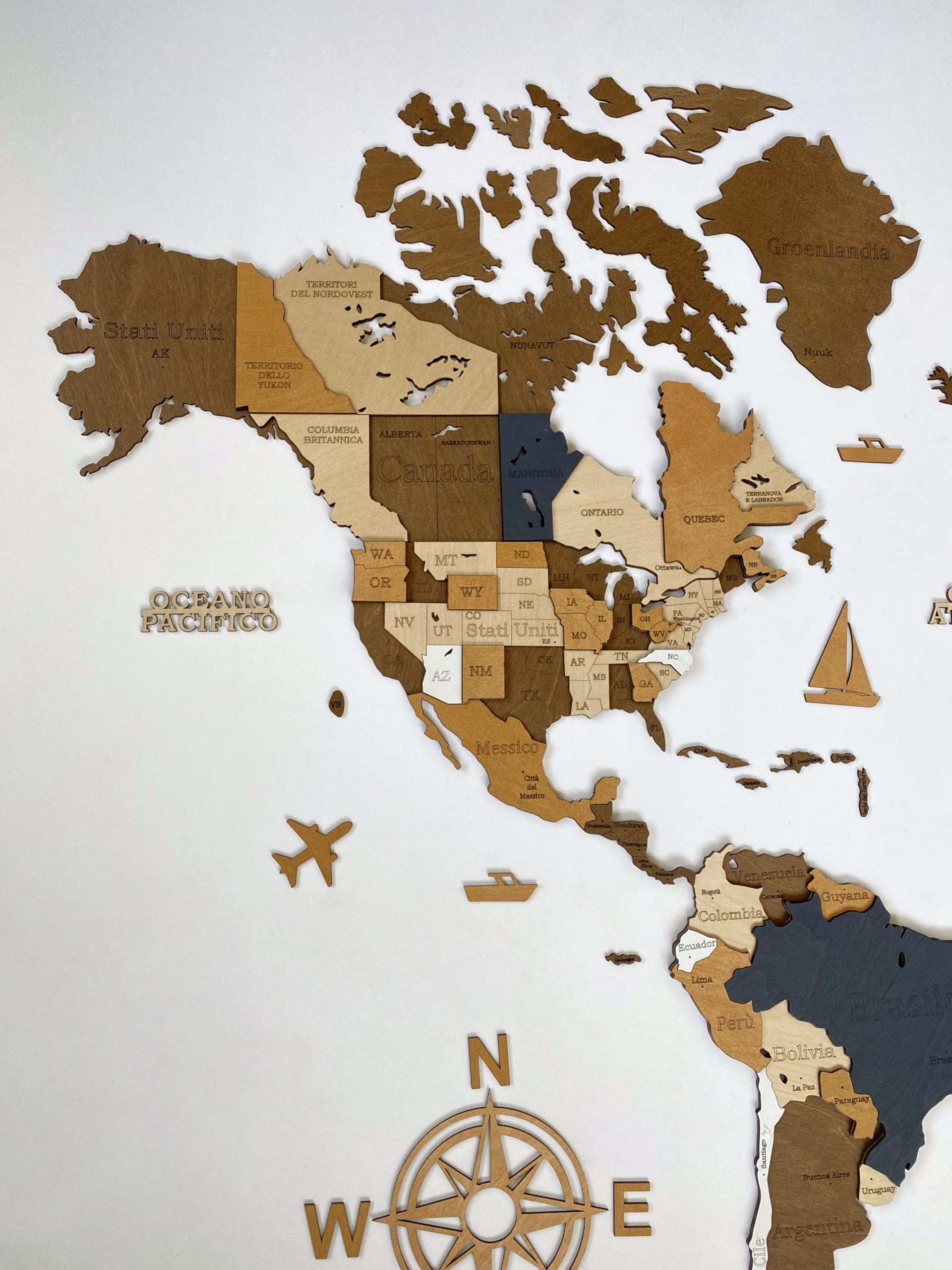 WoodLeo Mappamondo in legno (in italiano) - Decorazione murale in 3D - Dimensioni della mappa (M, L, XL) Idea regalo per ogni occasione - Arte da parete per la casa