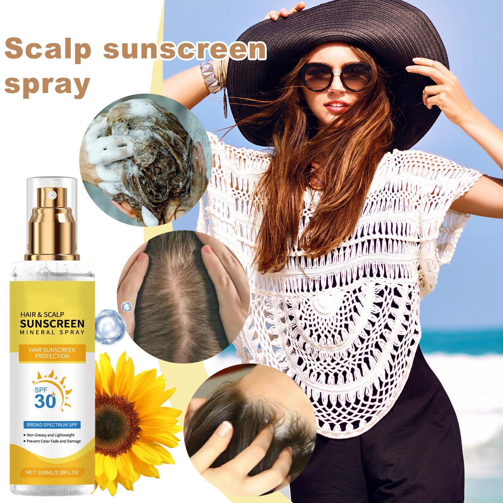 Scalp Screen Spray, 100 ml SPF 30 włosów i mgiełka przeciwsłoneczna, ochrona przed promieniowaniem UV na plażę i na zewnątrz, pielęgnacja skóry w pełnym rozmiarze dla kobiet i mężczyzn, ochrona