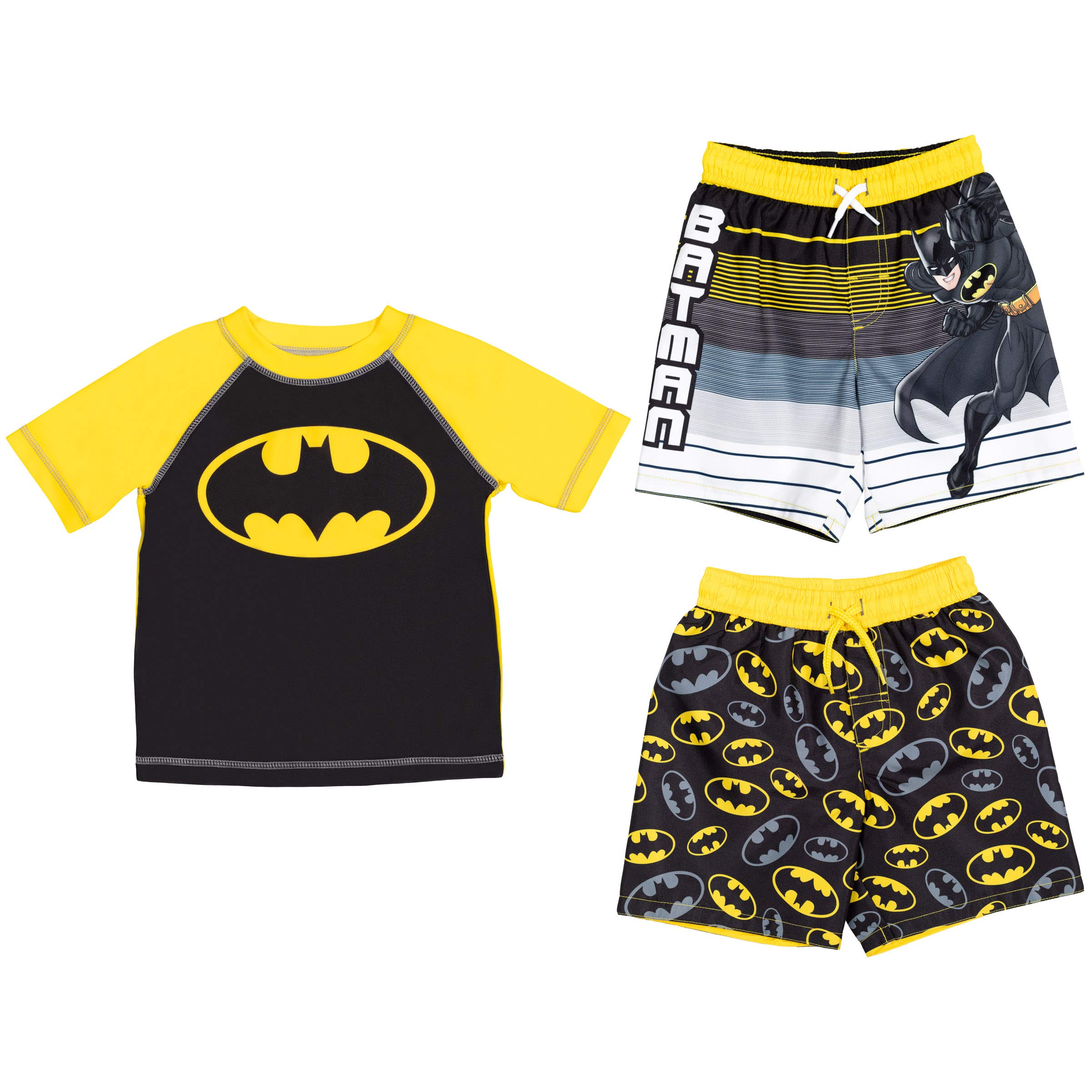 DC Comics Justice League Batman Toddler Boys Raglan 3 Piece Rash Guard Swim Trunks Set