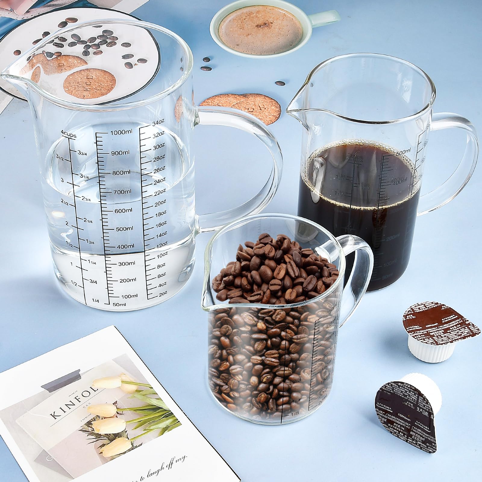 Paquete de 3 tazas medidoras de vidrio, 1 taza, 2 tazas, jarras medidoras de 4 tazas con mango y boquilla en forma de V, 3 escalas (oz, taza, ml), taza medidora de vidrio de borosilicato alto