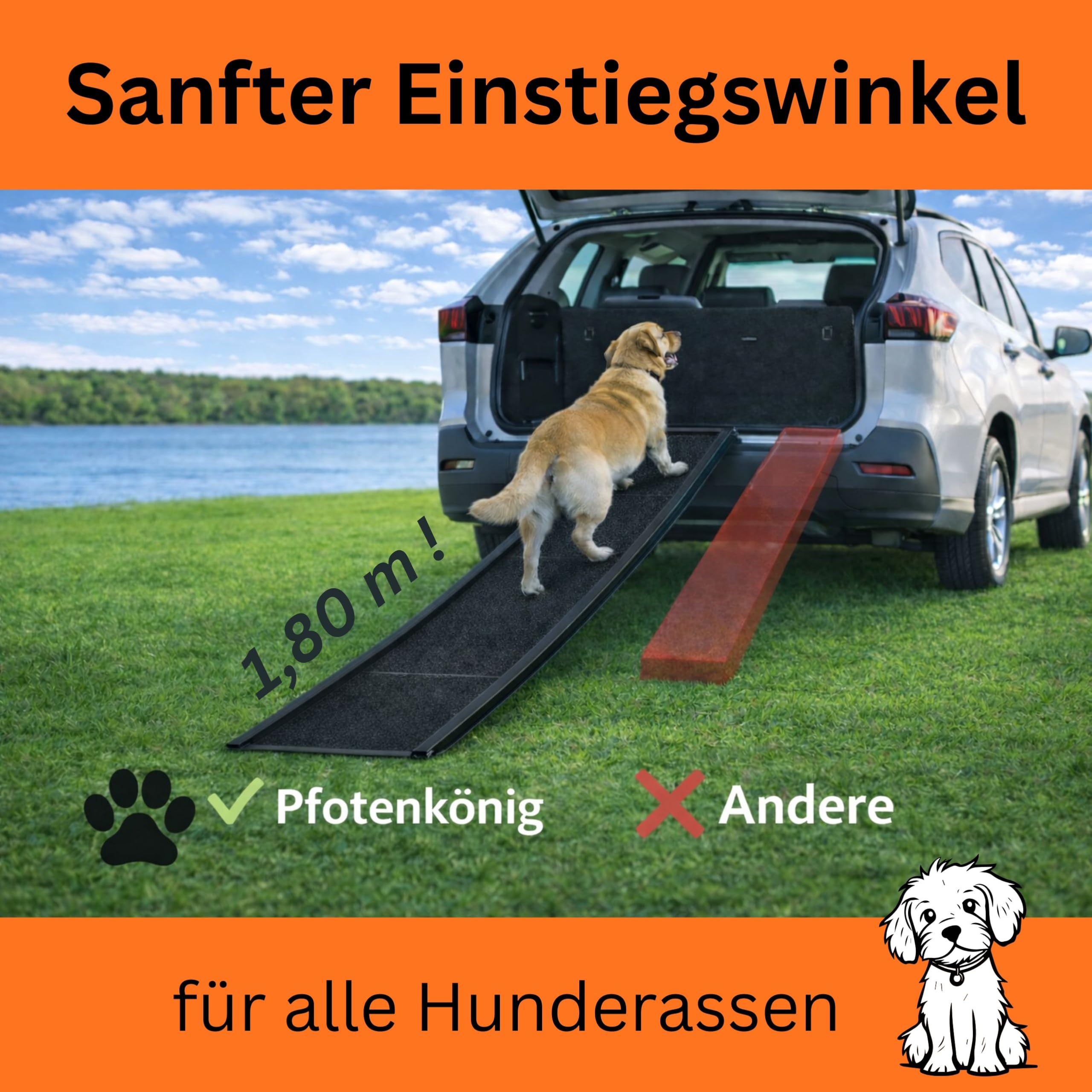 Hunderampe - 1,80 m Ultra-lang - [Einstiegstraum] - stabile Premium Hunderampe Auto klappbar - Anti-Rutsch Hunderampe Auto aus Leicht-Alu - passt für alle Fahrzeuge