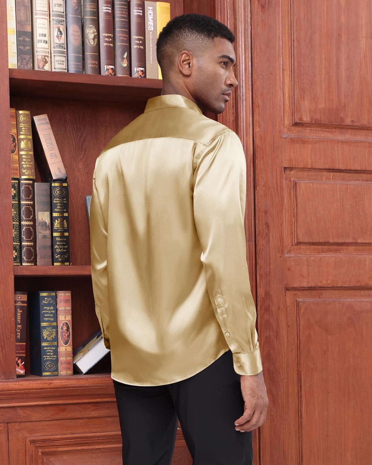 J.VER Men's Silk Satin Long Sleeve Dress Shirts Shiny Casual Button Down Shirt Luxury Party Prom Shirts - Image 3