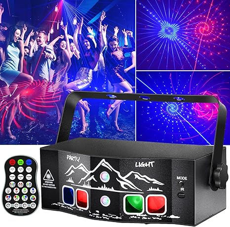 Party Lights, Sound Activated Stage Laser Lights with Remote Control, Disco DJ Lights Strobe Light Rave - Dance Floor Light Rotating with Patterns for Christmas Wedding Birthday