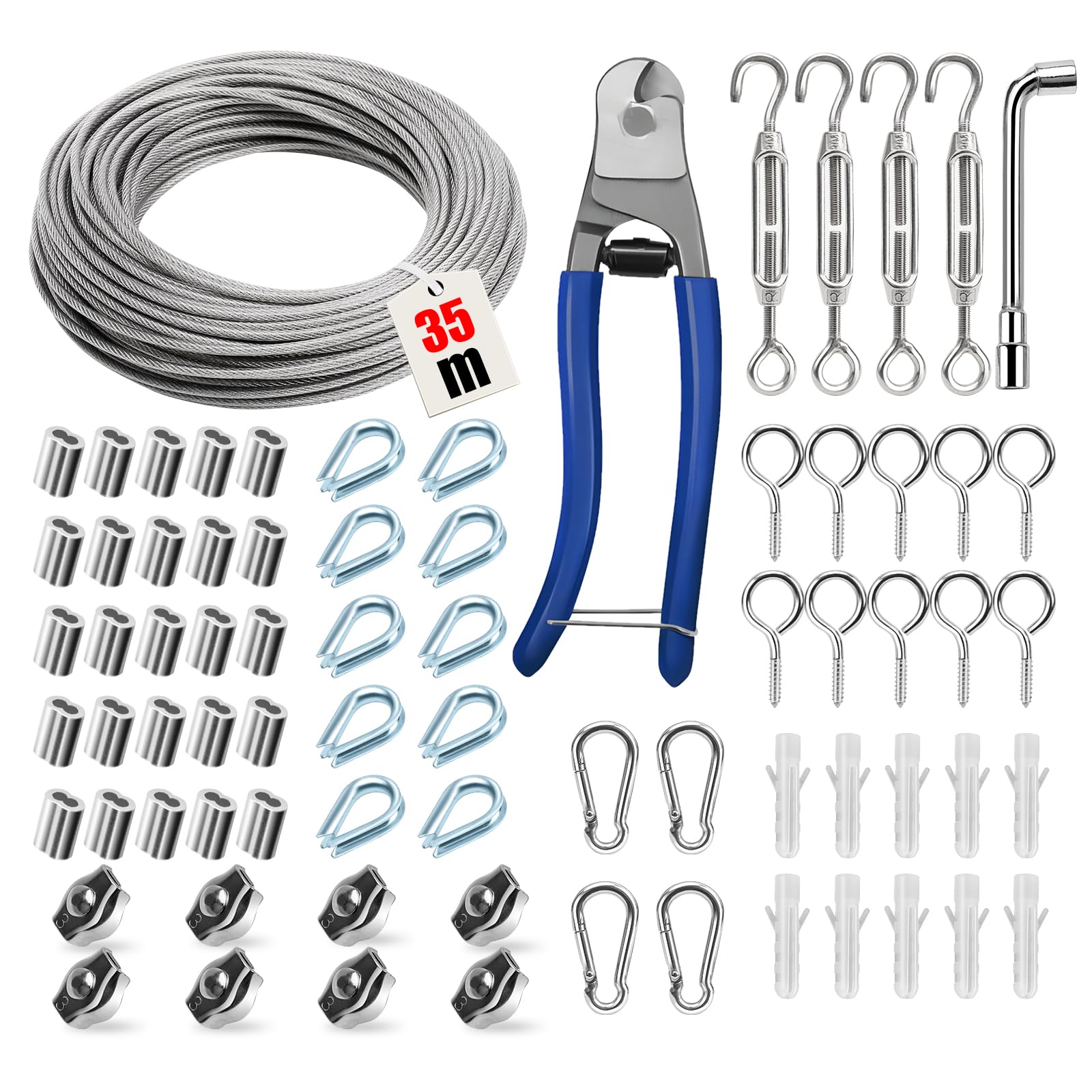 Angooni Set di 74 corde in acciaio inox, 35 m, 3 mm, per piante rampicanti, tende, recinzioni